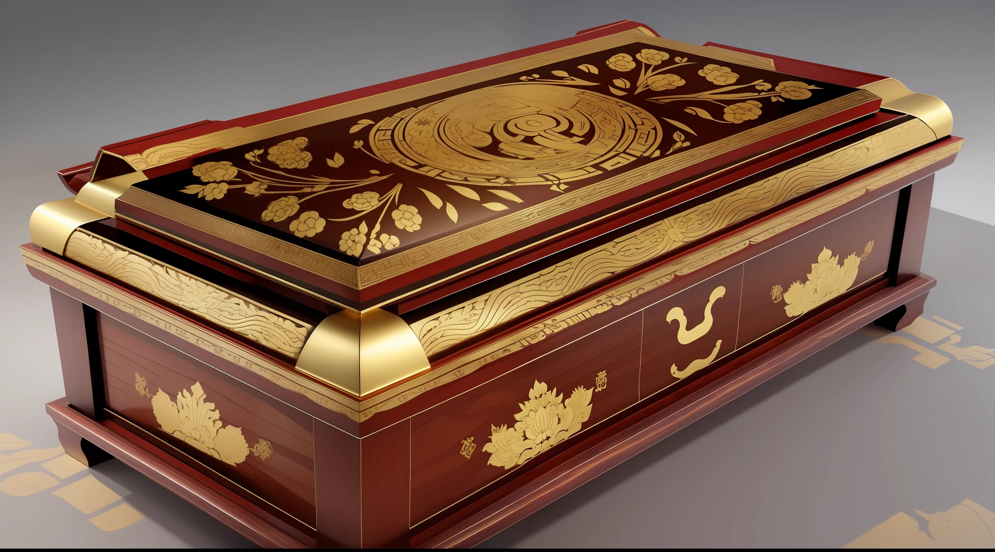 A pair of gold silk nan wood coffins with ancient patterns, Chinese animation style, looks depressing, high quality, super detail, crazy detail, 4K