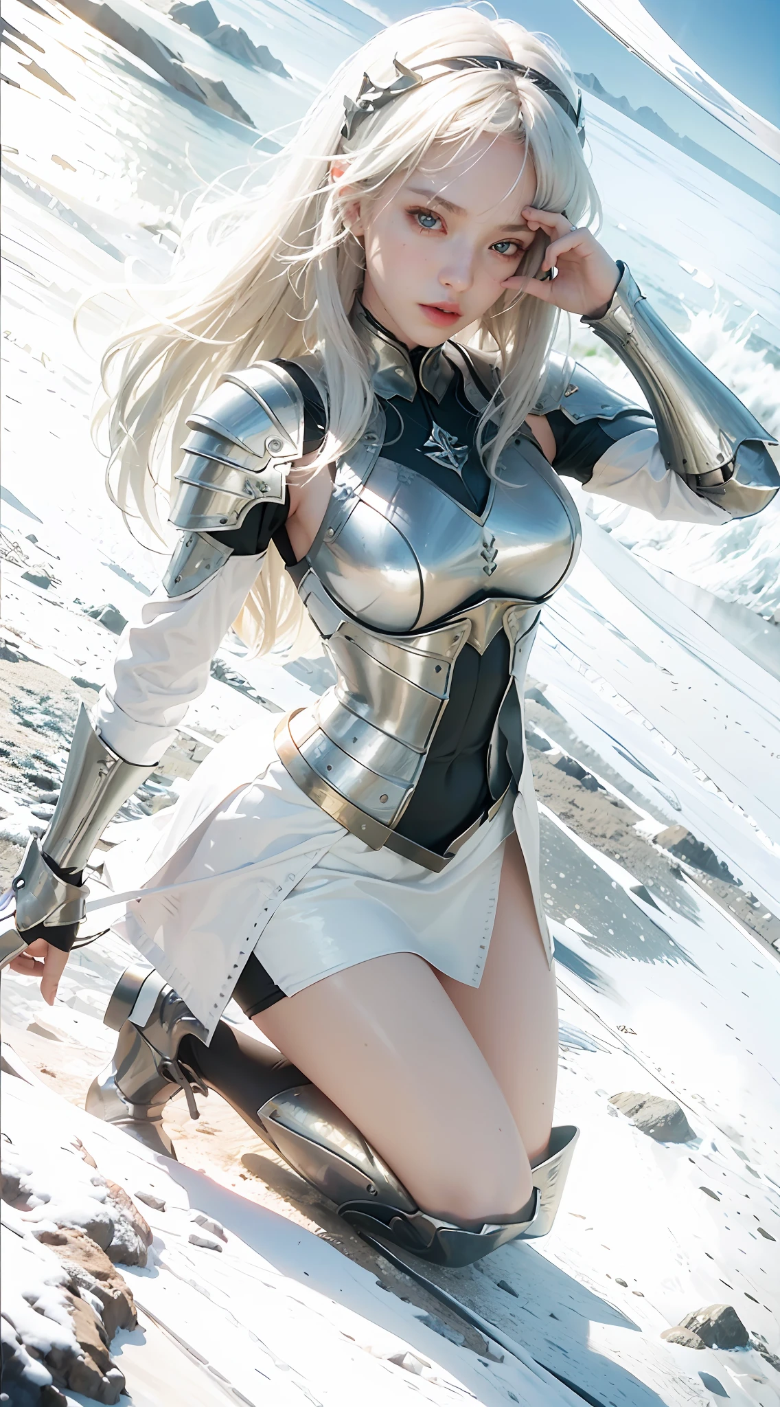 (Best Quality), (Masterpiece), (Details: 1.4), 3D, A Beautiful Female Knight, (Long White Hair: 1.9), (Kneeling: 1.7), (Armor: 1.5), (Hands Tied: 1.5), High Heels, Gothic Chapel, HDR (High Dynamic Range), Ray Tracing, NVIDIA RTX, Super-Resolution, Unreal 5, Subsurface Scattering, PBR Textures, Post-processing, Anisotropic filtering, depth of field, maximum sharpness and sharpness, multi-layer textures, albedo and specular mapping, surface shading, accurate simulation of light-material interactions, perfect proportions, Octane Render, bicolor light, large aperture, low ISO, white balance, rule of thirds, 8K RAW,