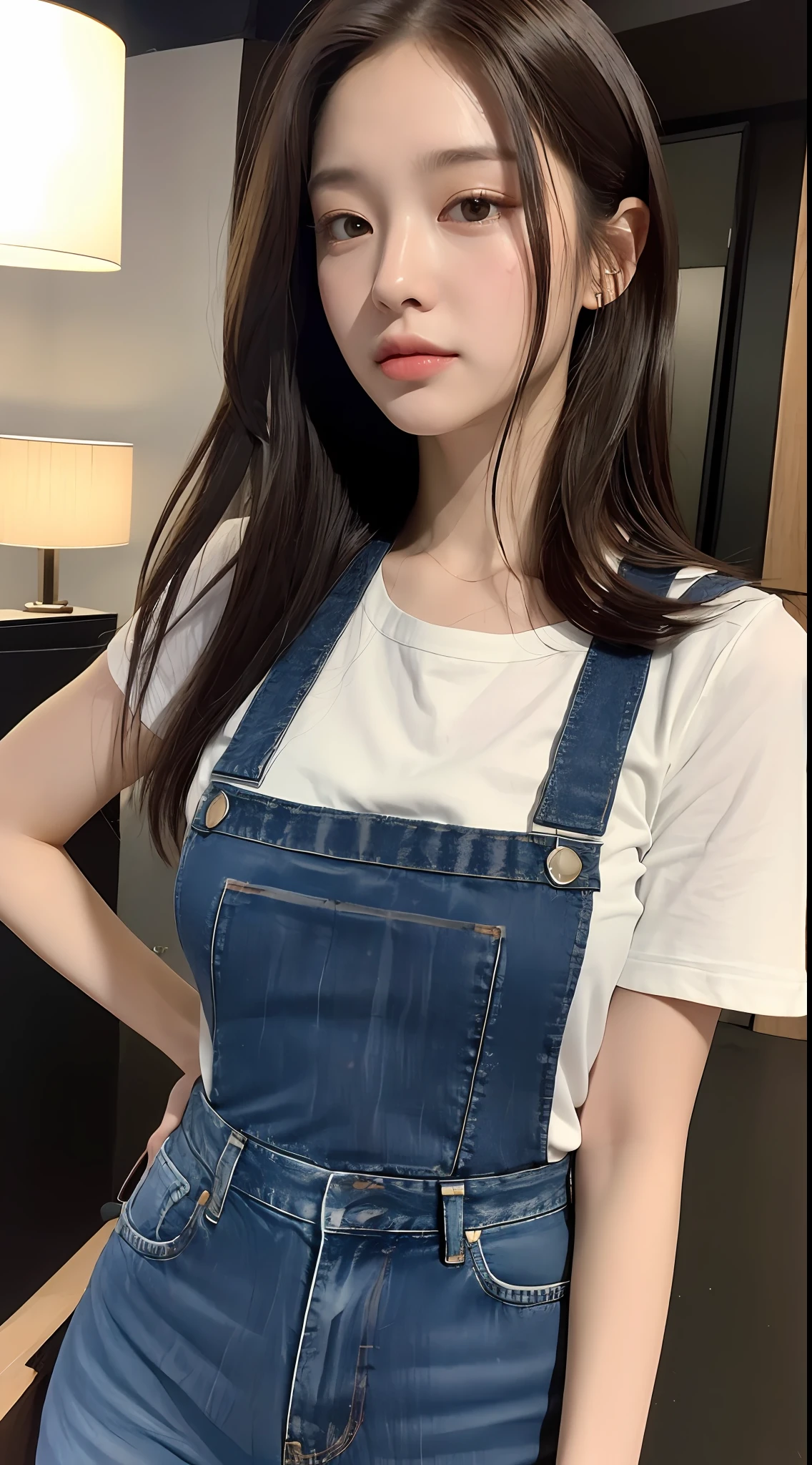 ((midnight, best quality, 8k, masterpiece :1.3)), full body, long legs, sharp focus :1.2, a beautiful woman with perfect figure :1.4, slender abs :1.1, ((dark brown hair, medium breasts :1.2)), (white skinny t-shirt, denim bib, standing: 1.2), (night view, roof: 1.3)), highly detailed face and skin texture, fine eyes, double eyelids