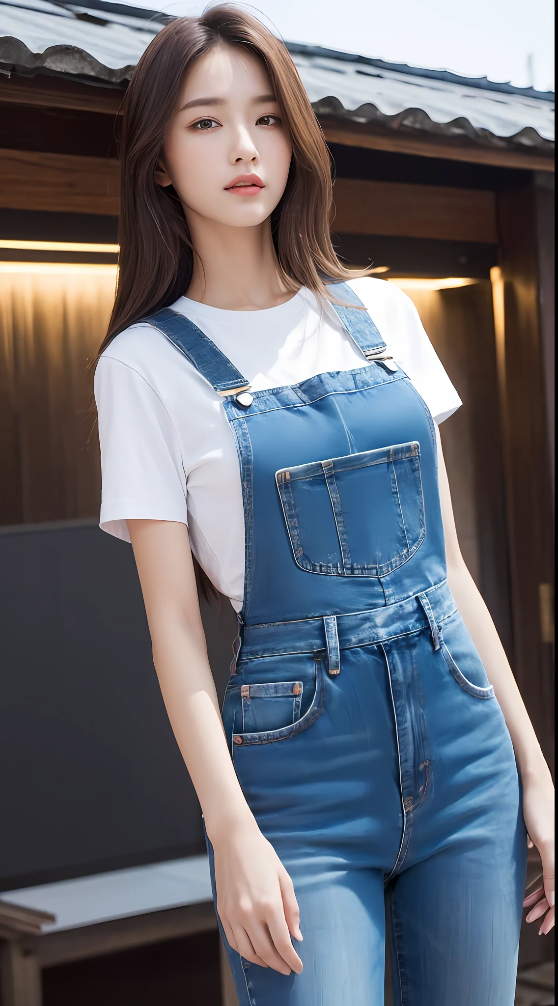 ((midnight, best quality, 8k, masterpiece :1.3)), full body, long legs, sharp focus :1.2, a beautiful woman with perfect figure :1.4, slender abs :1.1, ((dark brown hair, medium breasts :1.2)), (white skinny t-shirt, denim bib, standing: 1.2), (night view, roof: 1.3)), highly detailed face and skin texture, fine eyes, double eyelids