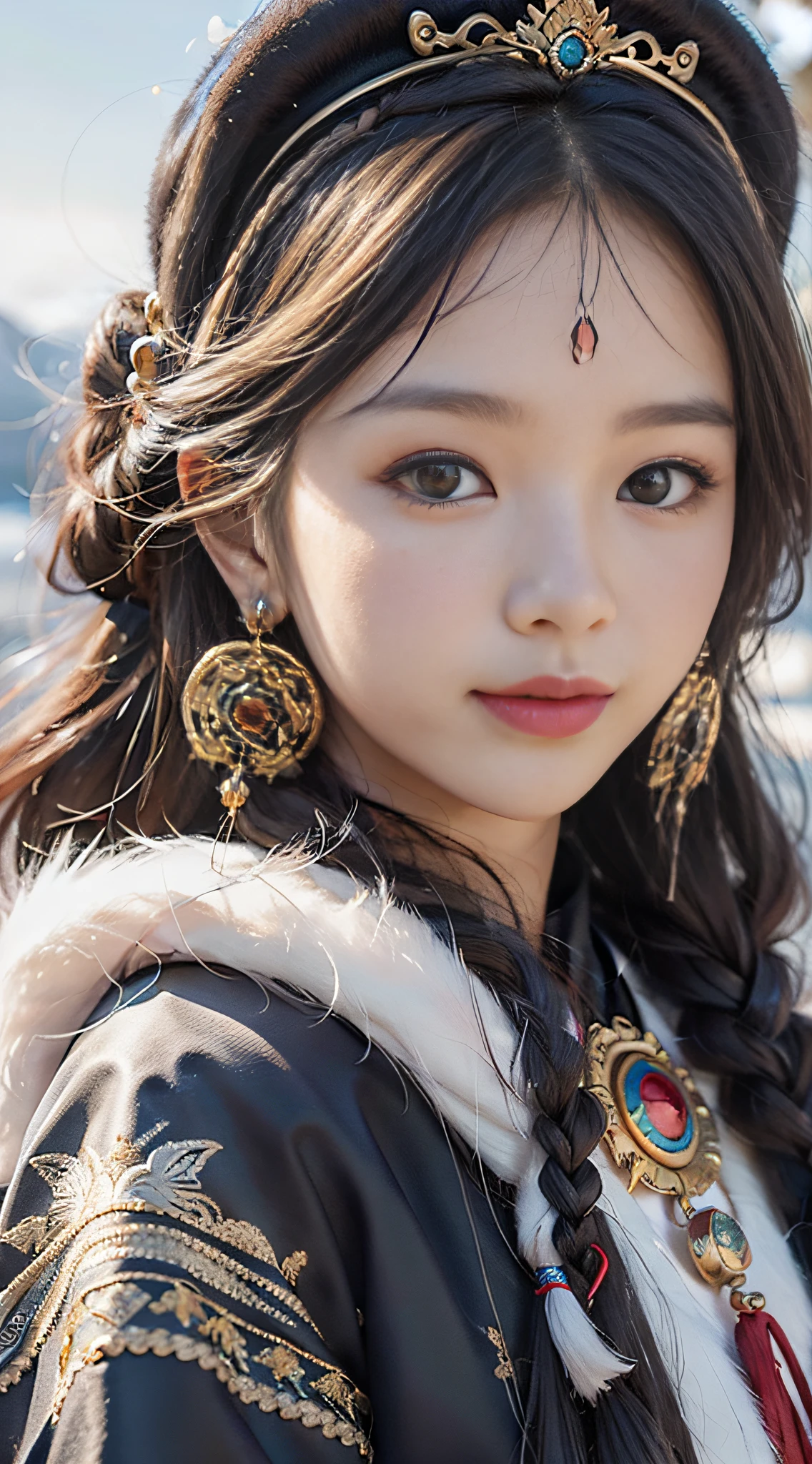 A girl, long braids, Tibetan girl, close-up, slightly raised head, smile, bust photo, upper body, Tibetan clothing, clothes with fluff, white flut, high-end Tibetan clothing, cumbersome Tibetan clothing design, cold clothing, winter clothing, appearance Yang transcendence, round face shape, gorgeous Tibetan clothing, cumbersome Tibetan necklace, cumbersome Tibetan headdress, live-action CG, sweet style, film style, HD 4K, photography effects, studio effects, white halo, mythological wind, snowfield background, character core, Picture ratio 16:9,