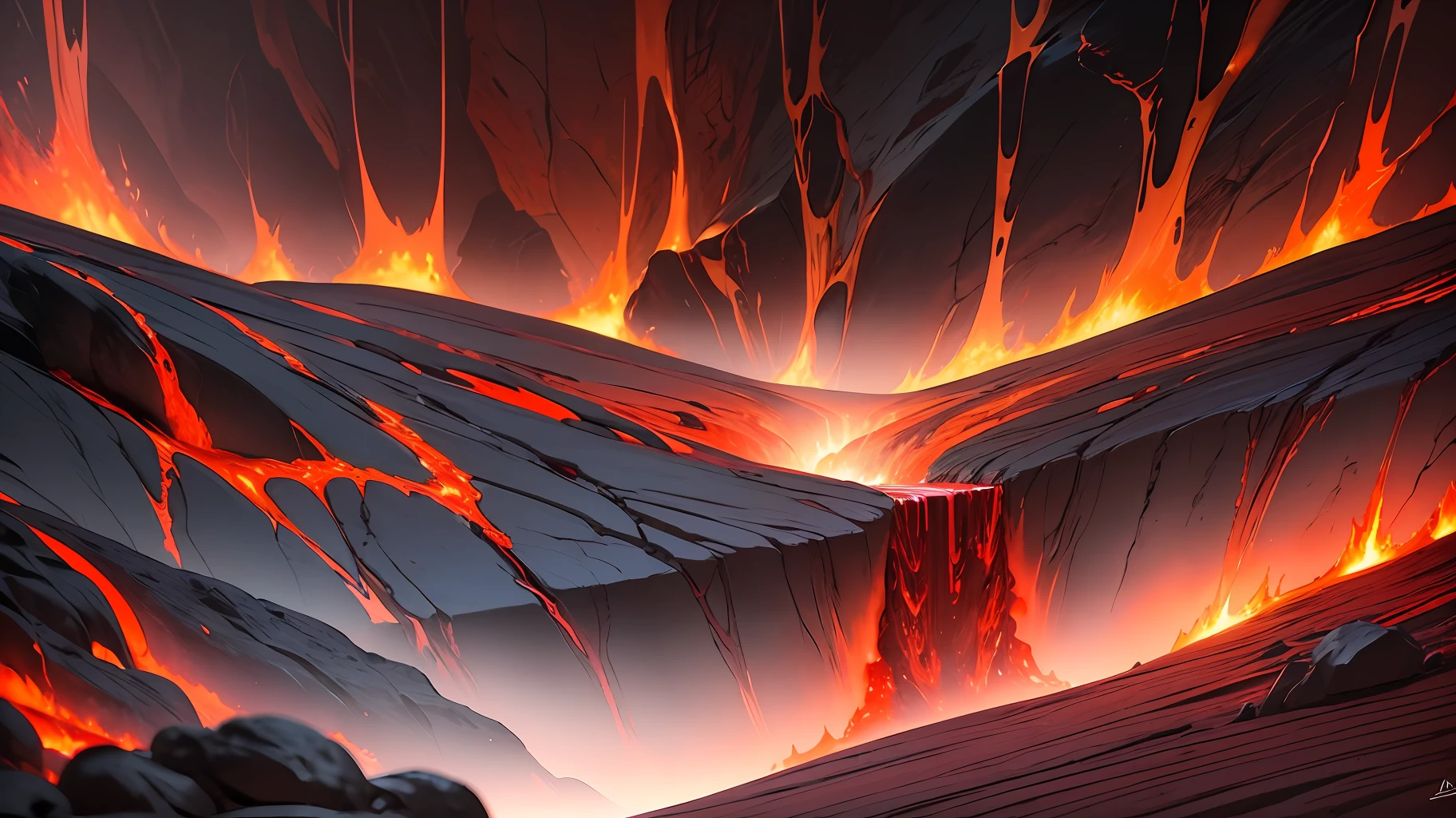 (masterpiece), maximum quality, impeccable lighting and shadows, a beautiful lava flow scene, close-up, lava red, fluid composition of flow and current, texture of molten stone, red lava veins, smoke, warm glow. --auto --s2