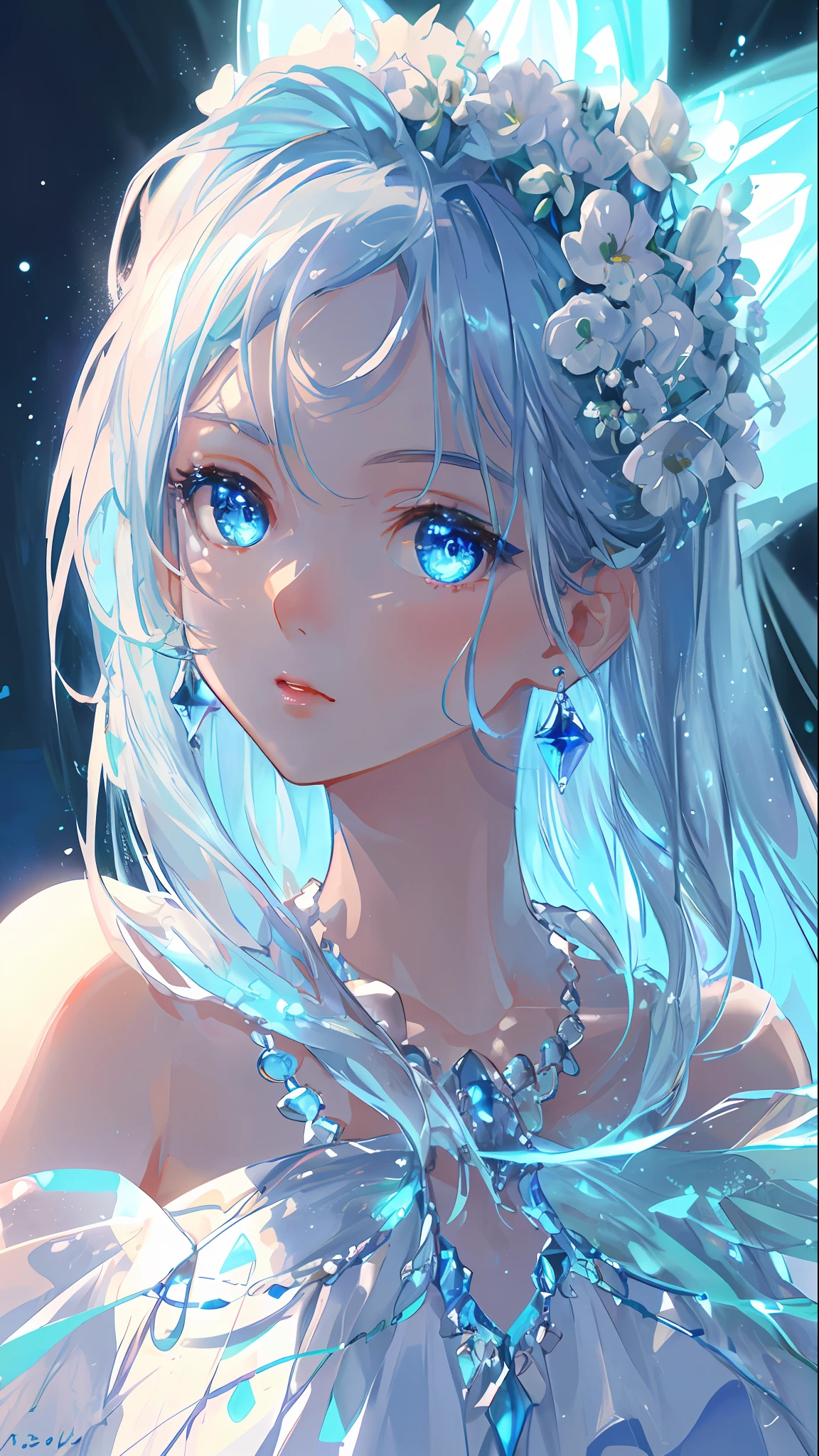 masterpiece, best quality, illustration, sax blue, platinum earrings, platinum necklace, white dress, 1girl, cute, (dynamic lighting:1.2), cinematic lighting, delicate facial features, detailed eyes, sharp pupils, realistic pupils, depth of field, bokeh, sharp focus, (hyper-detailed, bloom, glow:1.4), many small gems