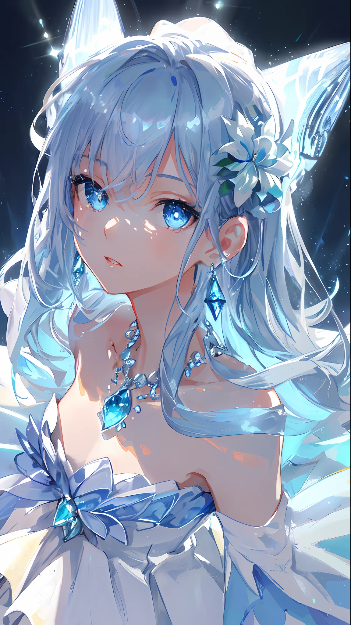 masterpiece, best quality, illustration, sax blue, platinum earrings, platinum necklace, white dress, 1girl, cute, (dynamic lighting:1.2), cinematic lighting, delicate facial features, detailed eyes, sharp pupils, realistic pupils, depth of field, bokeh, sharp focus, (hyper-detailed, bloom, glow:1.4), many small gems