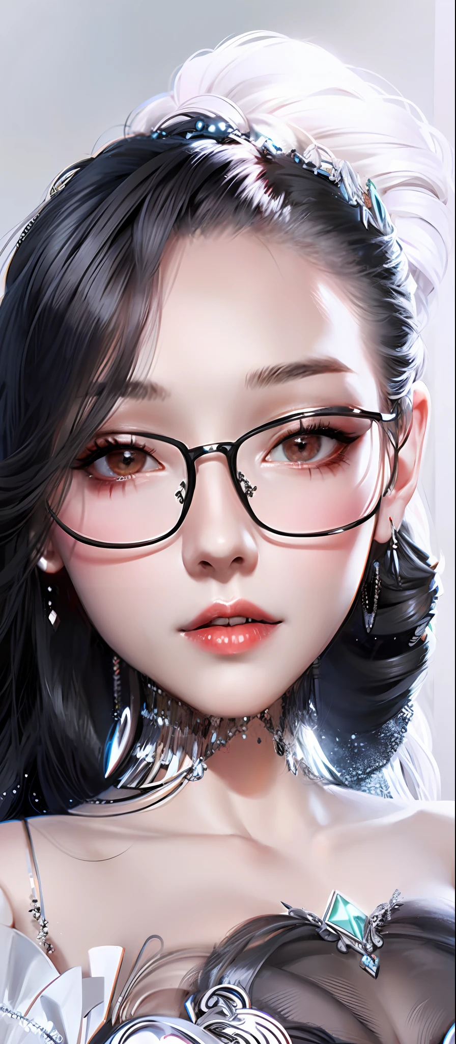 There is a tall and cold beautiful woman with long black hair, wearing glasses, headdress, earrings, big breasts, cleavage