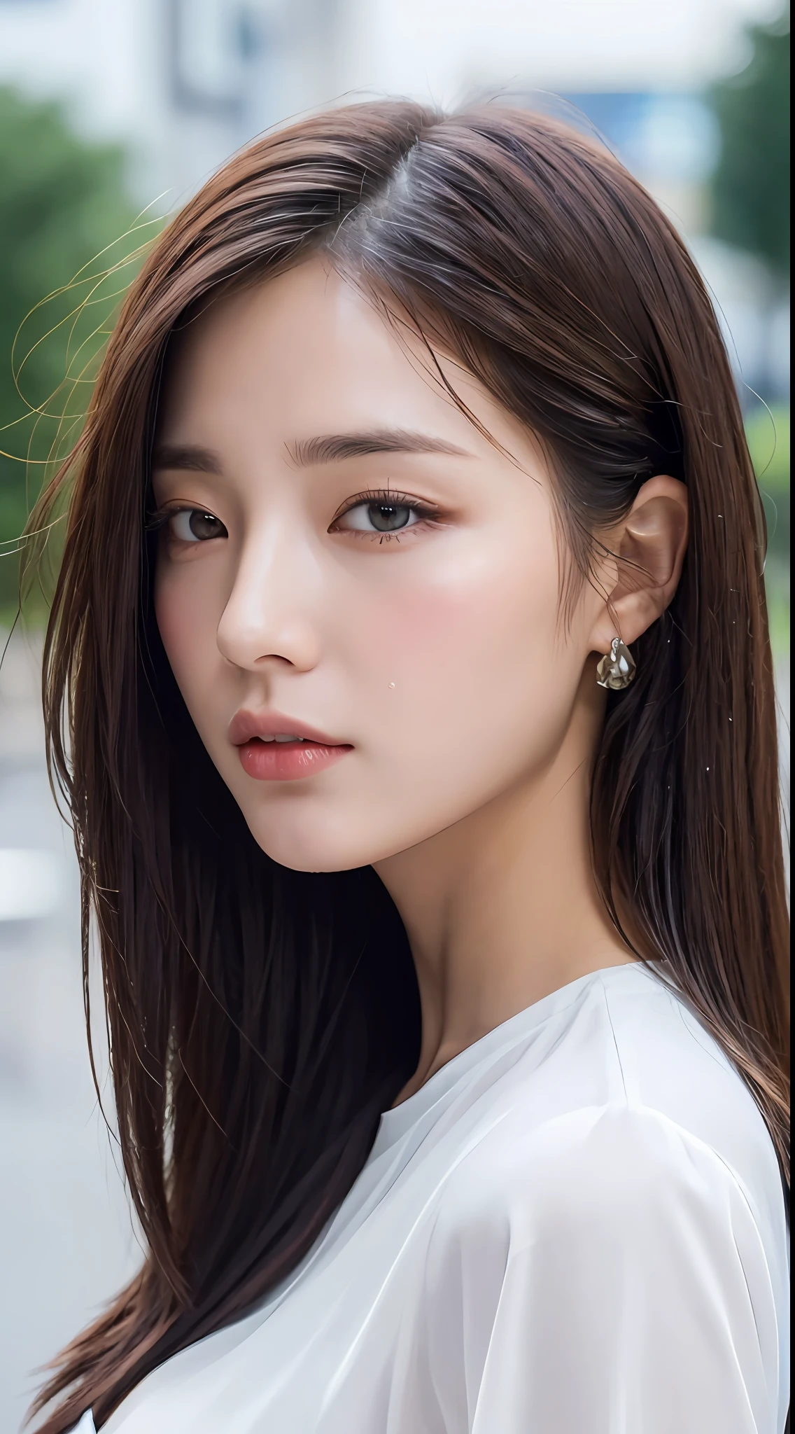 ((Best Quality, 8K, Masterpiece: 1.3)), Sharp: 1.2, Perfect Body Beauty: 1.4, Slim Abs: 1.2, ((Layered Hairstyle, Big Breasts: 1.2)), (Wet White Button Long Shirt: 1.1), (Rain, Street: 1.2), Wet: 1.5, Highly detailed face and skin texture, detailed eyes, double eyelids, side face looking at the camera