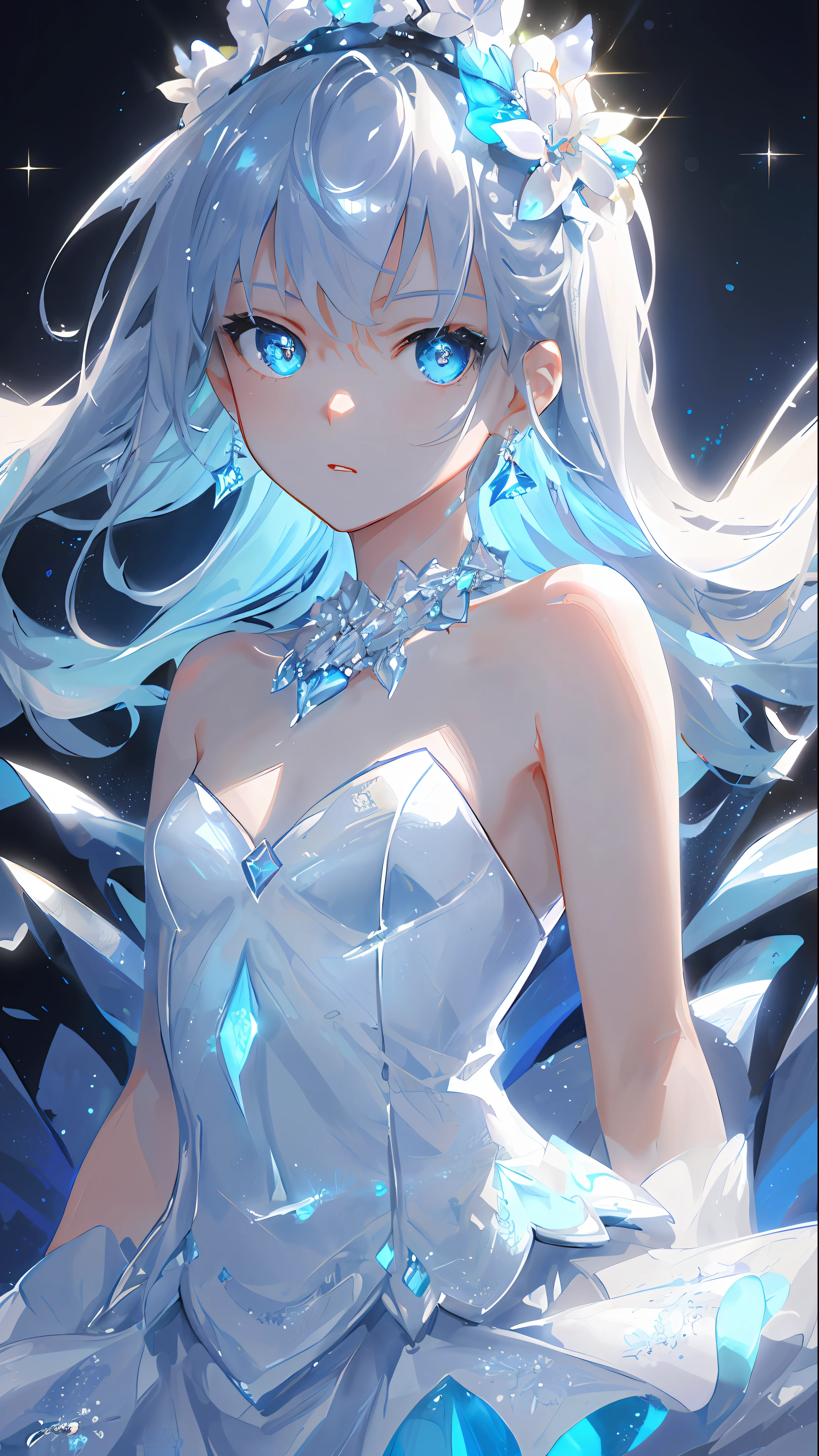 masterpiece, best quality, illustration, sax blue, platinum earrings, platinum necklace, white dress, 1girl, cute, (dynamic lighting:1.2), cinematic lighting, delicate facial features, detailed eyes, sharp pupils, realistic pupils, depth of field, bokeh, sharp focus, (hyper-detailed, bloom, glow:1.4), many small gems