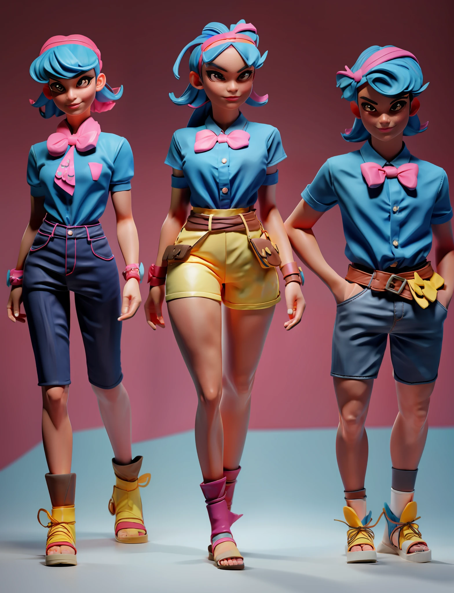 New or college girl in a shirt, slightly more mature, Dopamine dressing is a fashion concept that refers to a style of dressing that enhances one's mood and well-being by wearing bright, colorful and vibrant clothes, this concept is derived from the name dopamine, a neurotransmitter associated with happiness and reward, 3DMM style, (masterpiece, best quality), intricate details, 1 girl, solo, bea \ (Pokemon \), bow headband, printed shirt, tie shirt, Printed shorts, knee pads, sandals, looking at the audience, full body picture, full body image, full body