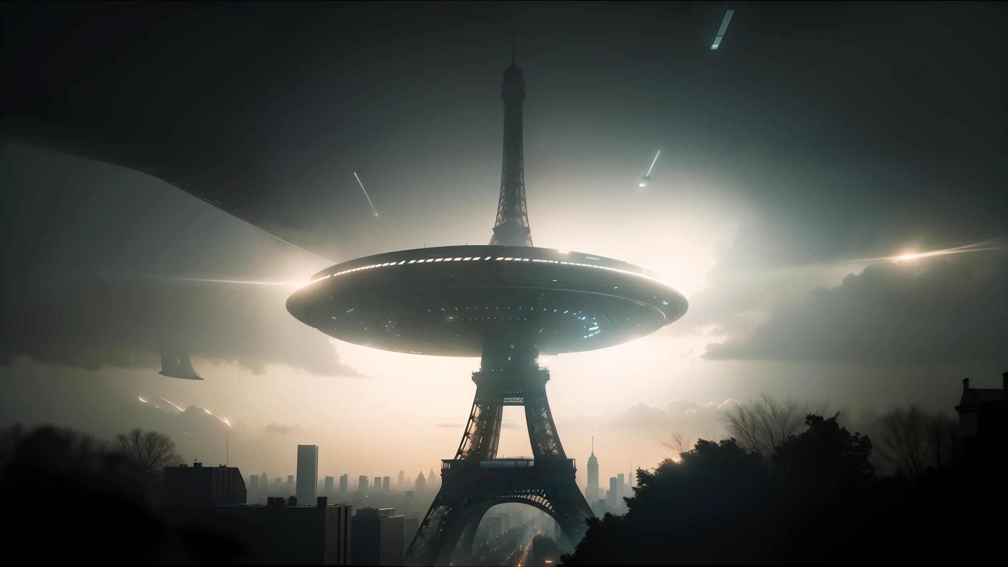 arafed view of a large object in the middle of a city, ufo flying over paris, cinematic promo material, ash thorp, alien abduction, with cinematic lighting, trance music, abduction, trance --auto --s2