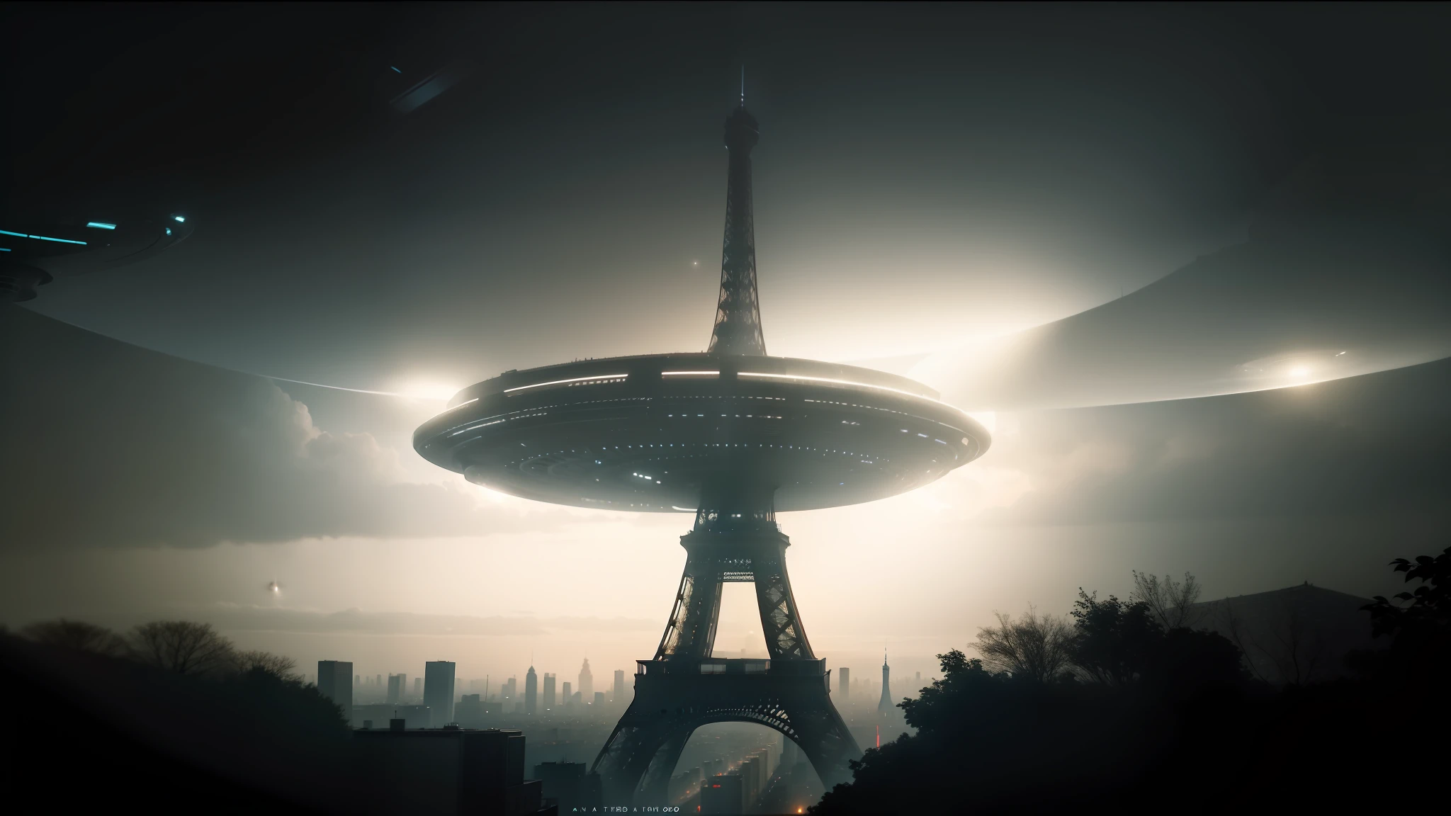 arafed view of a large object in the middle of a city, ufo flying over paris, cinematic promo material, ash thorp, alien abduction, with cinematic lighting, trance music, abduction, trance --auto --s2