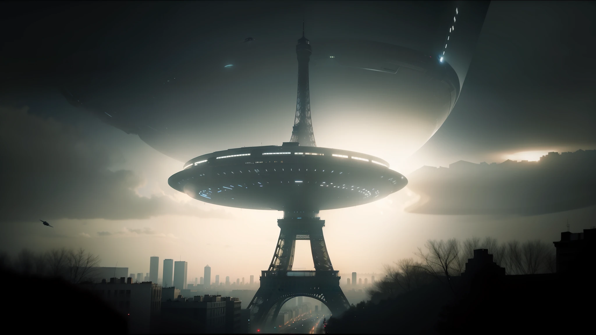 arafed view of a large object in the middle of a city, ufo flying over paris, cinematic promo material, ash thorp, alien abduction, with cinematic lighting, trance music, abduction, trance --auto --s2