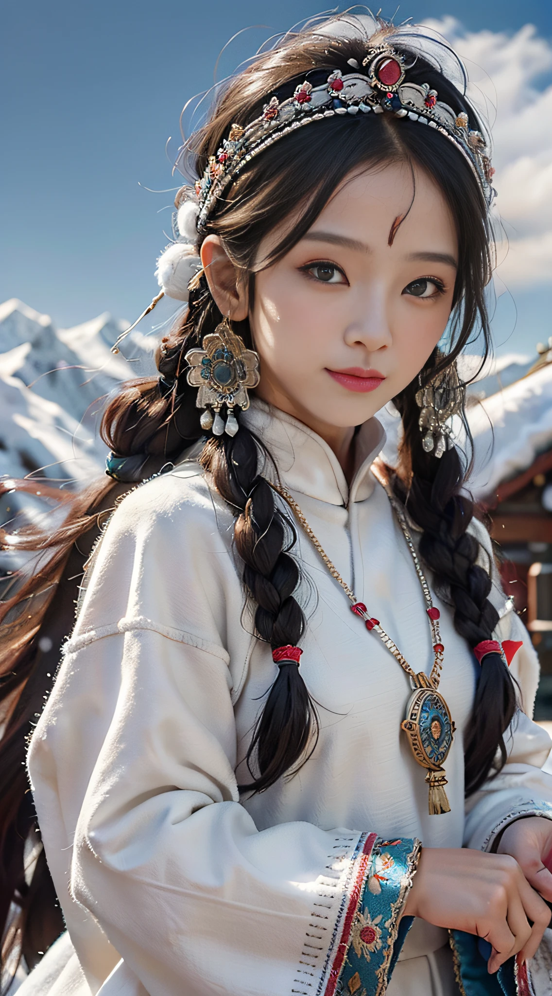 A girl, long braids, Tibetan girl, close-up, slightly raised head, smile, bust photo, upper body, Tibetan clothing, clothes with fluff, white flut, high-end Tibetan clothing, cumbersome Tibetan clothing design, cold clothing, winter clothing, appearance Yang transcendence, round face shape, gorgeous Tibetan clothing, cumbersome Tibetan necklace, cumbersome Tibetan headdress, live-action CG, sweet style, film style, HD 4K, photography effects, studio effects, white halo, mythological wind, snowfield background, character core, Picture ratio 16:9,