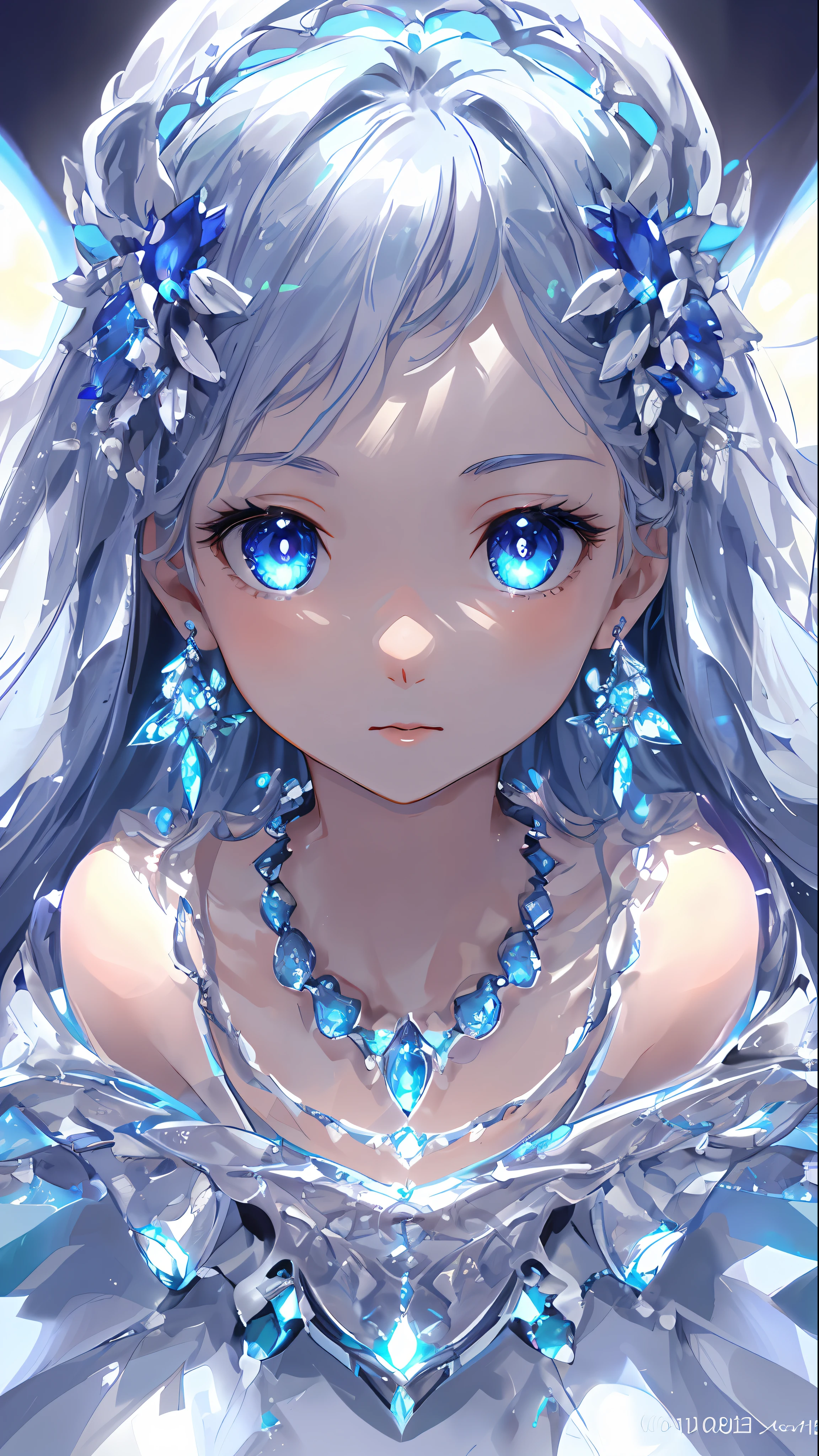 masterpiece, best quality, illustration, sax blue, platinum earrings, platinum necklace, white dress, 1girl, cute, (dynamic lighting:1.2), cinematic lighting, delicate facial features, detailed eyes, sharp pupils, realistic pupils, depth of field, bokeh, sharp focus, (hyper-detailed, bloom, glow:1.4), many small gems