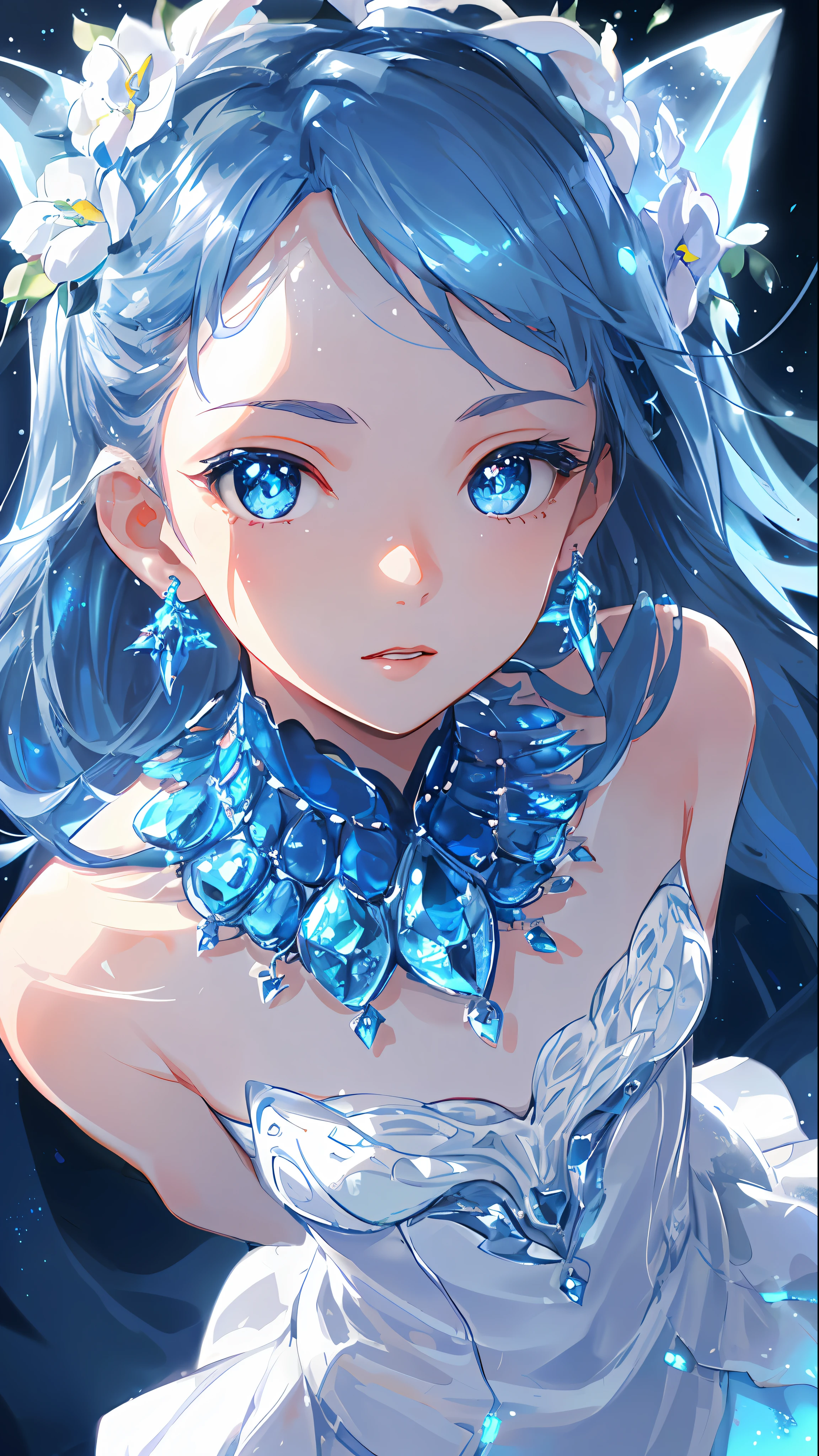 masterpiece, best quality, illustration, sax blue, platinum earrings, platinum necklace, white dress, 1girl, cute, (dynamic lighting:1.2), cinematic lighting, delicate facial features, detailed eyes, sharp pupils, realistic pupils, depth of field, bokeh, sharp focus, (hyper-detailed, bloom, glow:1.4), many small gems