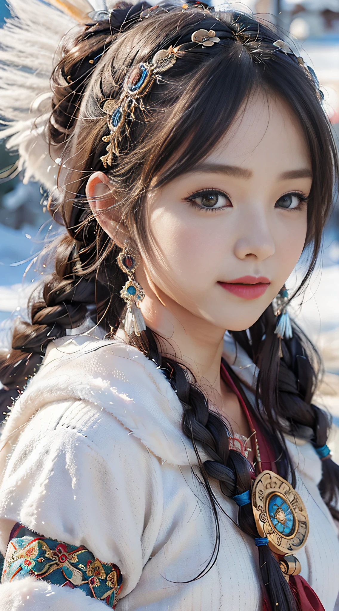 A girl, long braids, Tibetan girl, close-up, slightly raised head, smile, bust photo, upper body, Tibetan clothing, clothes with fluff, white flut, high-end Tibetan clothing, cumbersome Tibetan clothing design, cold clothing, winter clothing, appearance Yang transcendence, round face shape, gorgeous Tibetan clothing, cumbersome Tibetan necklace, cumbersome Tibetan headdress, live-action CG, sweet style, film style, HD 4K, photography effects, studio effects, white halo, mythological wind, snowfield background, character core, Picture ratio 16:9,