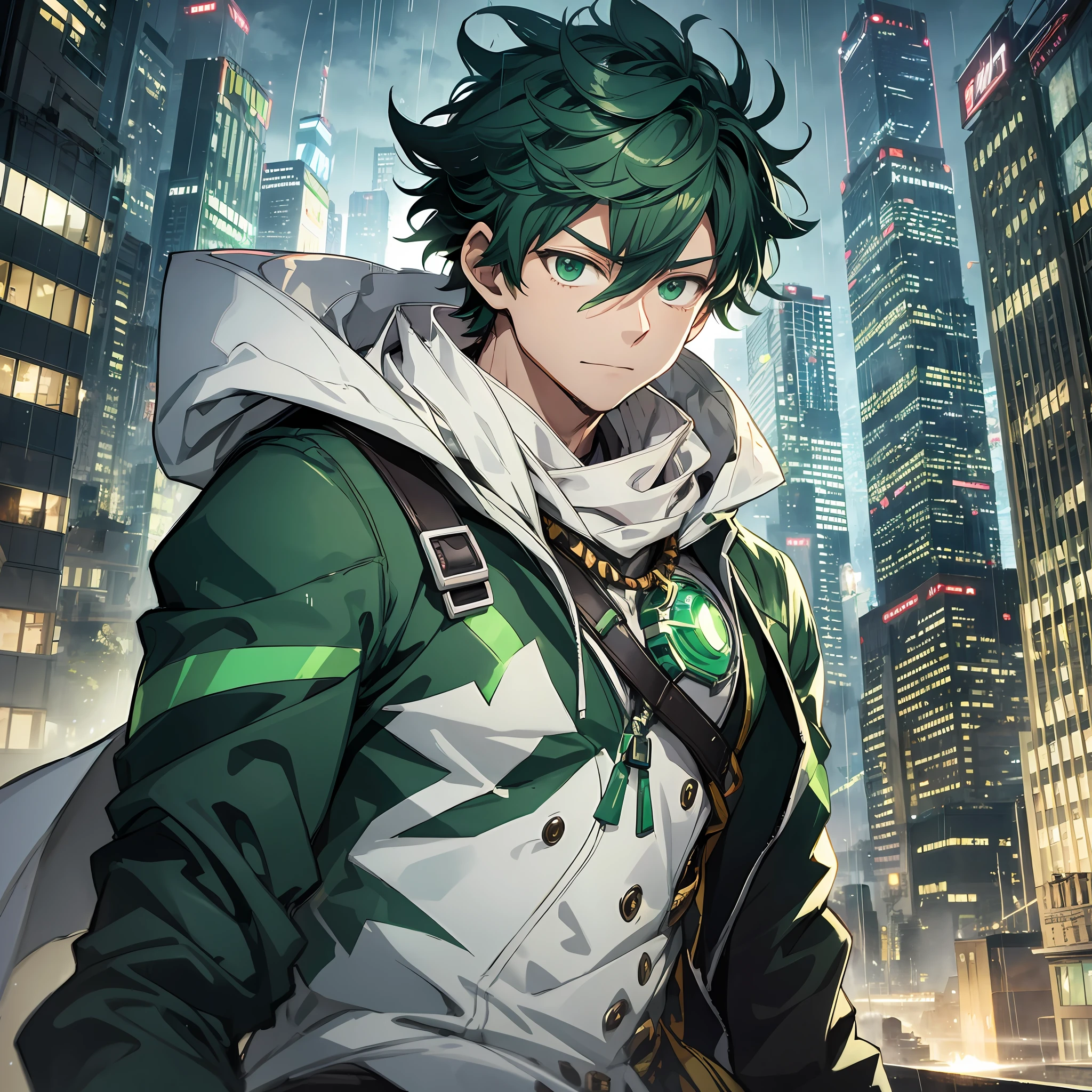 1boy,Deku Midoriya,wearing a green and black suit, green eyes, wearing a yellow ragged cloak around the neck,BREAK, raining, battle damage, city,highest quality digital art, Stunning art, wallpaper 4k,8k,64k, HD, unparalleled masterpiece, dynamic lighting, cinematic, epic