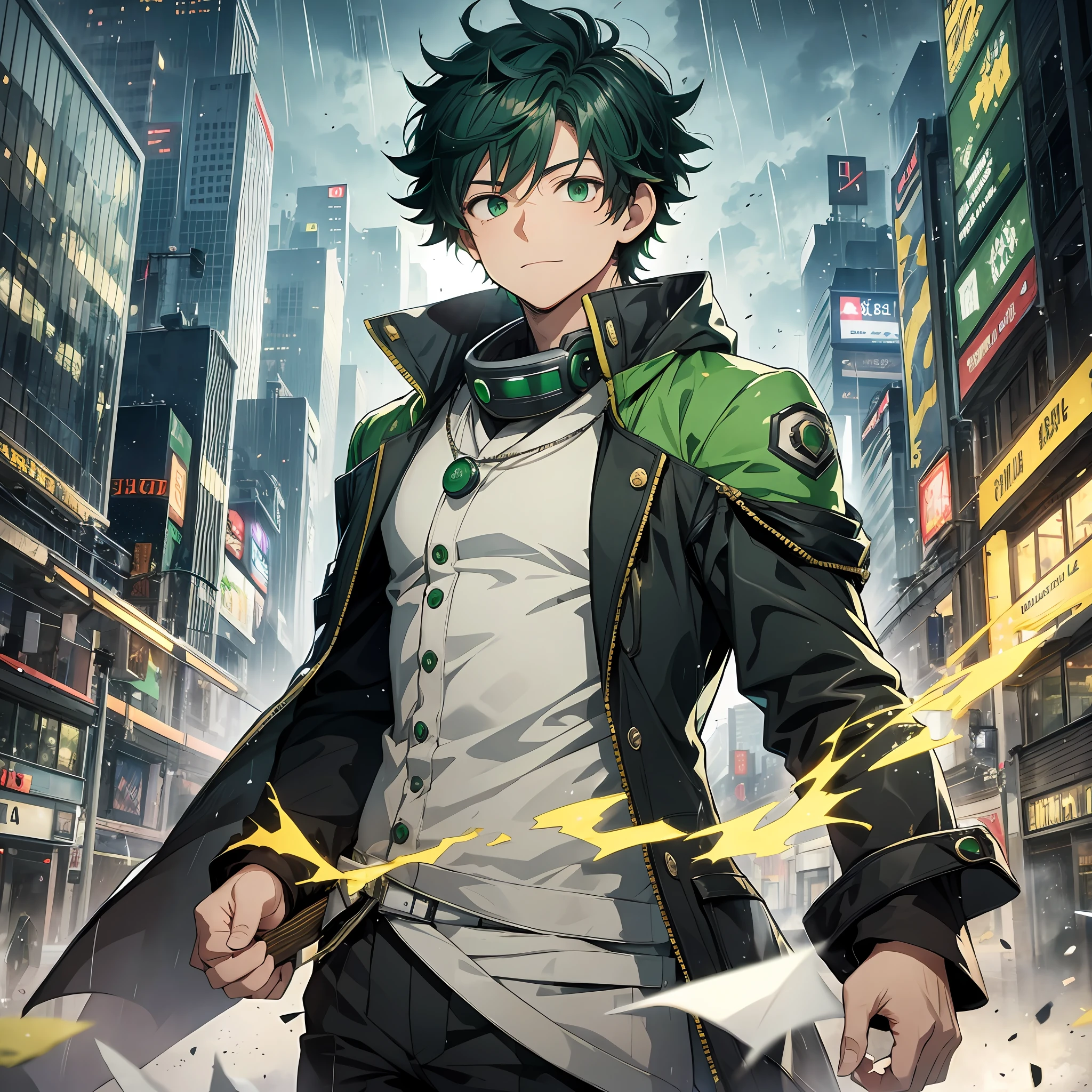 1boy,Deku Midoriya,wearing a green and black suit, green eyes, wearing a yellow ragged cloak around the neck,BREAK, raining, battle damage, city,highest quality digital art, Stunning art, wallpaper 4k,8k,64k, HD, unparalleled masterpiece, dynamic lighting, cinematic, epic