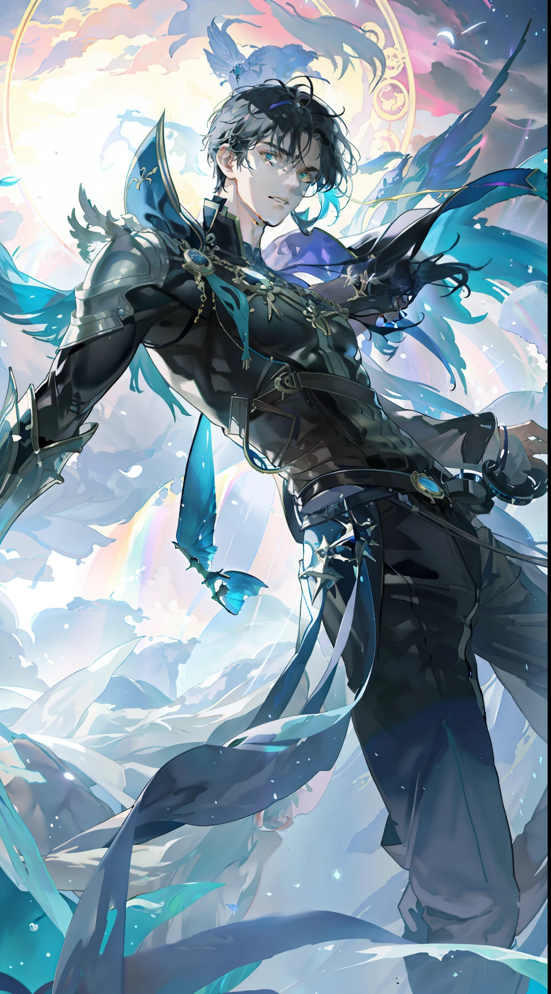 masterpiece, best quality, 1 male, adult, mature, tall muscular guy, Dark theme, Magic circle, bubble, rainbow Sunlight, Underwater, Reflected mirror, floating piece of Glass, Rainbow light, Bubble Swirling, wind Swirling, Aurora, fantasy scenery, Starlight around the character, (upper body)