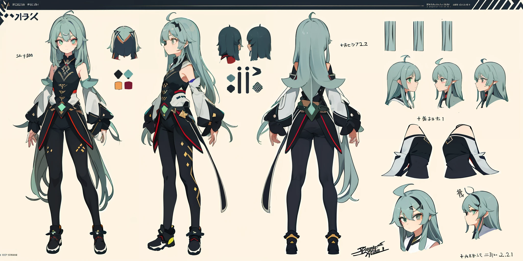 ((8k, best quality)))1 young girl, character sheet, concept art, full body, (best picture: 1.2), (best quality: 1.3), 1 girl, standing, long hair, triangle hairpins, black tight-fitting top, leggings, long eyelashes, gray-green hair, crossed bangs, amber eyes, horizontal pupils