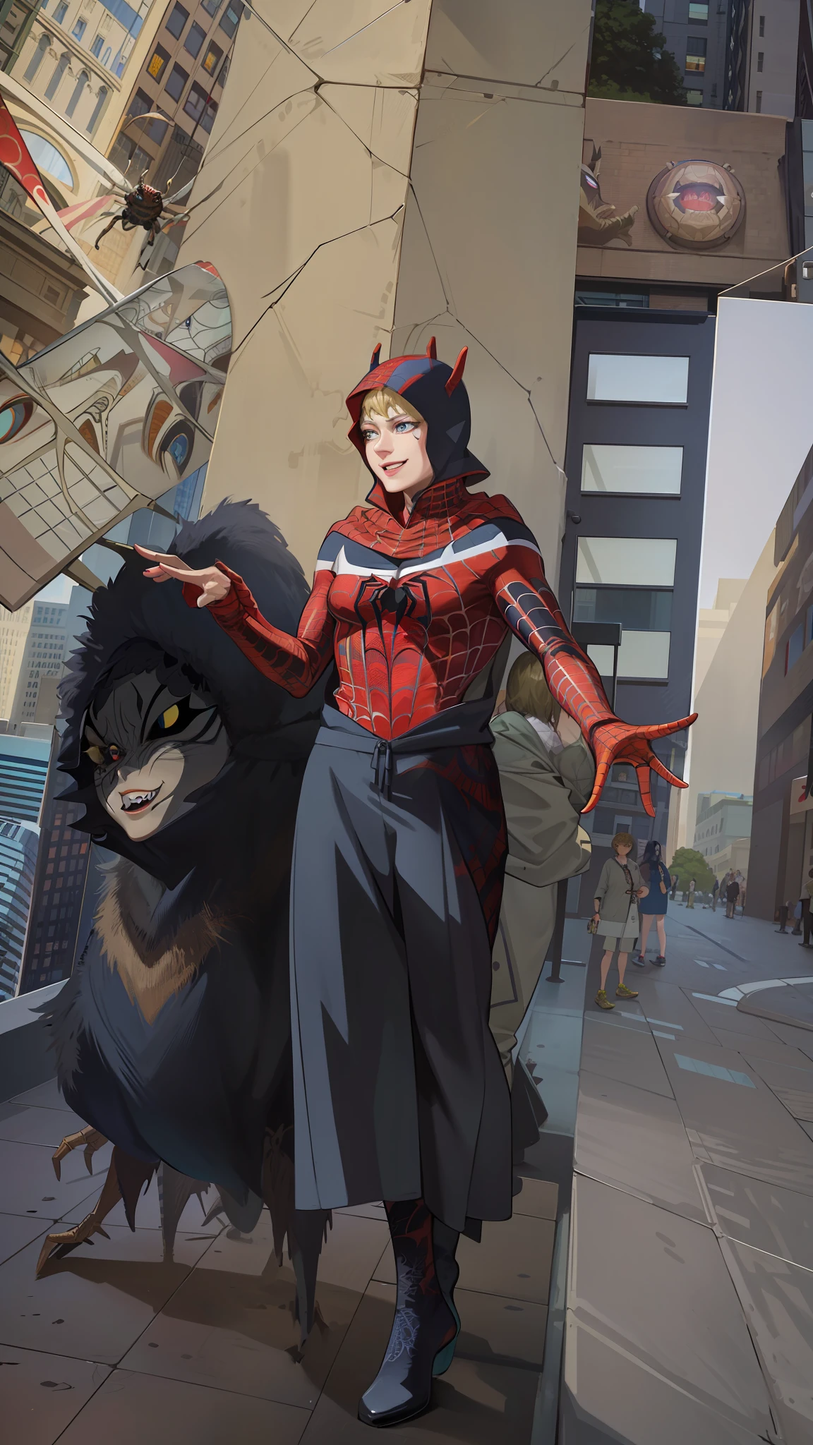 spider costume, web print, web, spider-man woman
Masterpiece, absurdity, fine detail, HDR, ((very detailed face and eyes)), photorealistic,
focus on your eyes,
standing on the roof of a skyscraper, (without a mask)), looking at the viewer, smiling, blonde with a short haircut,
The background of the buildings of New York,