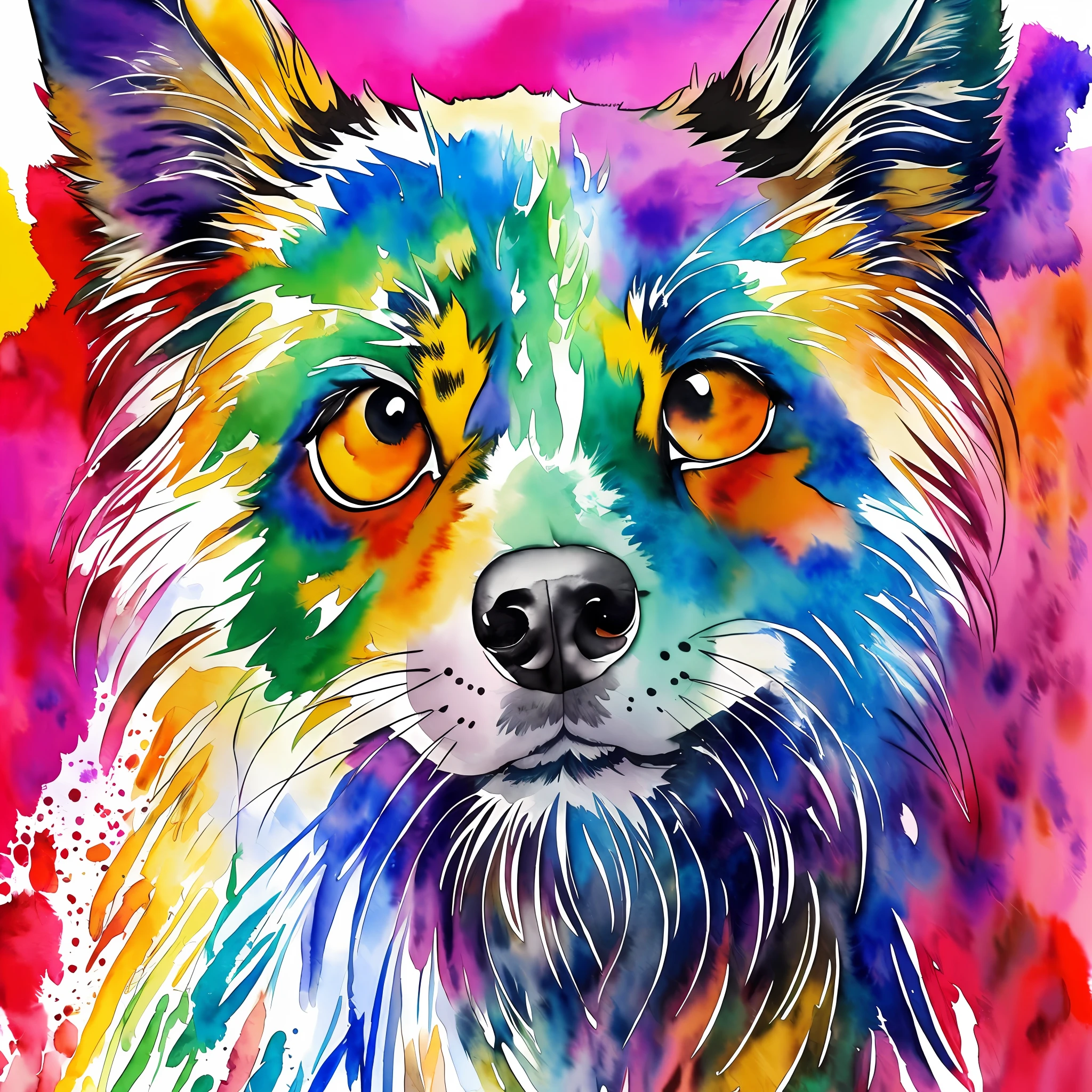 wtrcolor style, digital art (dog character), official art, frontal, smile, masterpiece, beautiful, (((watercolor)), face paint, paint splatters, intricate details. Highly detailed and detailed eyes, [Drip: 0.5], artstation trends, by Rachel Walker --auto --s2