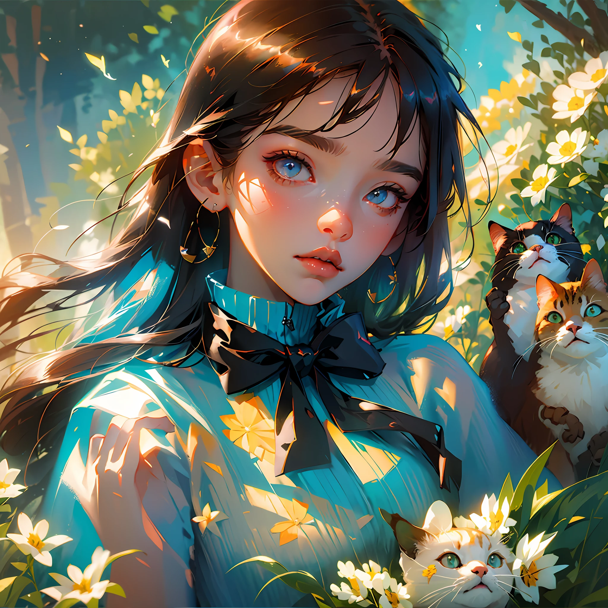 (Excellent, Masterpiece), 1girl, Particles, Wind, Flowers, Sunlight, Upper Body, Focus on Face, Long-Haired Girl Holding Cat --auto --s2