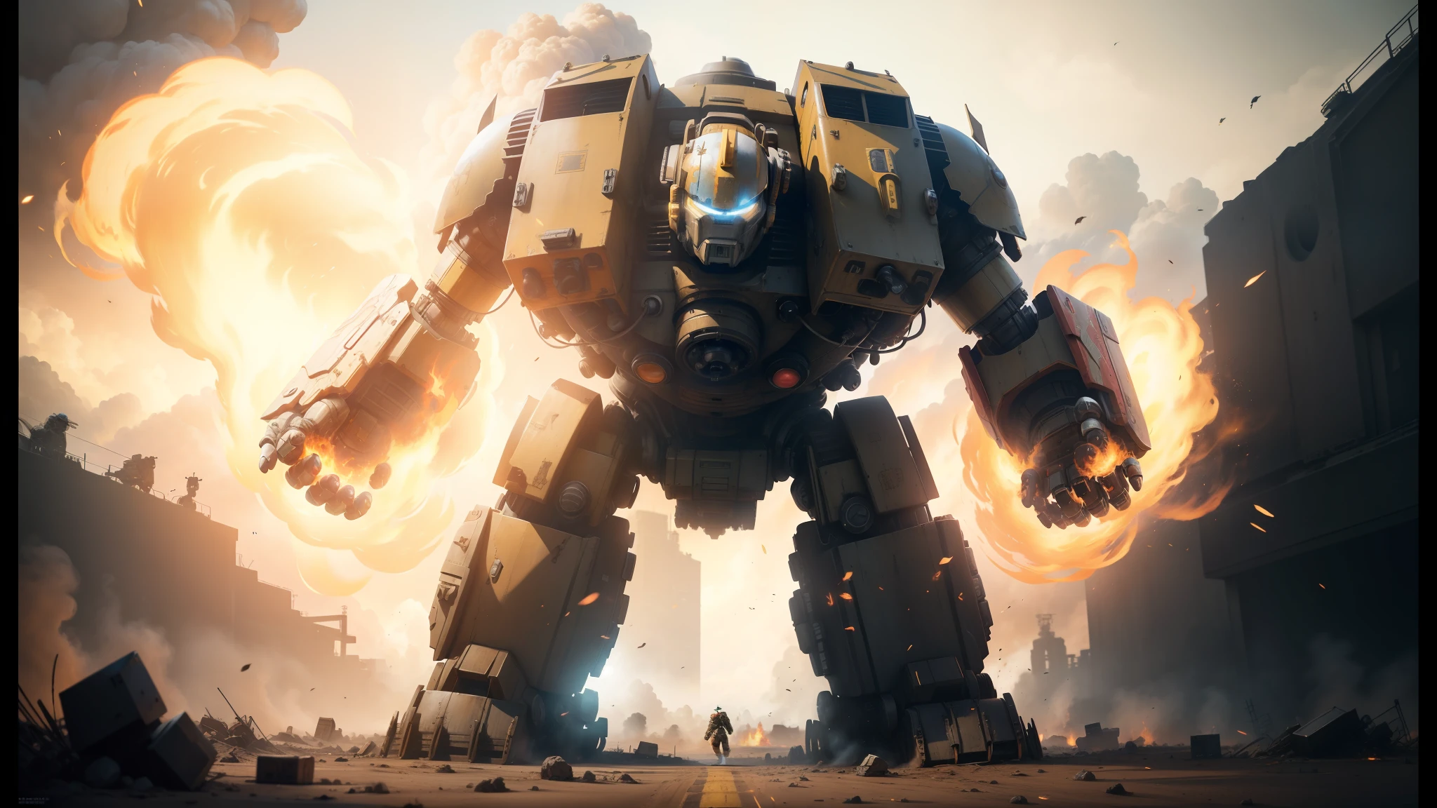 arafed robot with a huge body of fire and flames, battlefield 5, cinemascope panorama, high resolution print, fallout liberty prime, trench crusade, from transformers, colossus, chappie, bee, by Mac Conner, full - body - front - shot, battle-worn, netflix trese --auto --s2