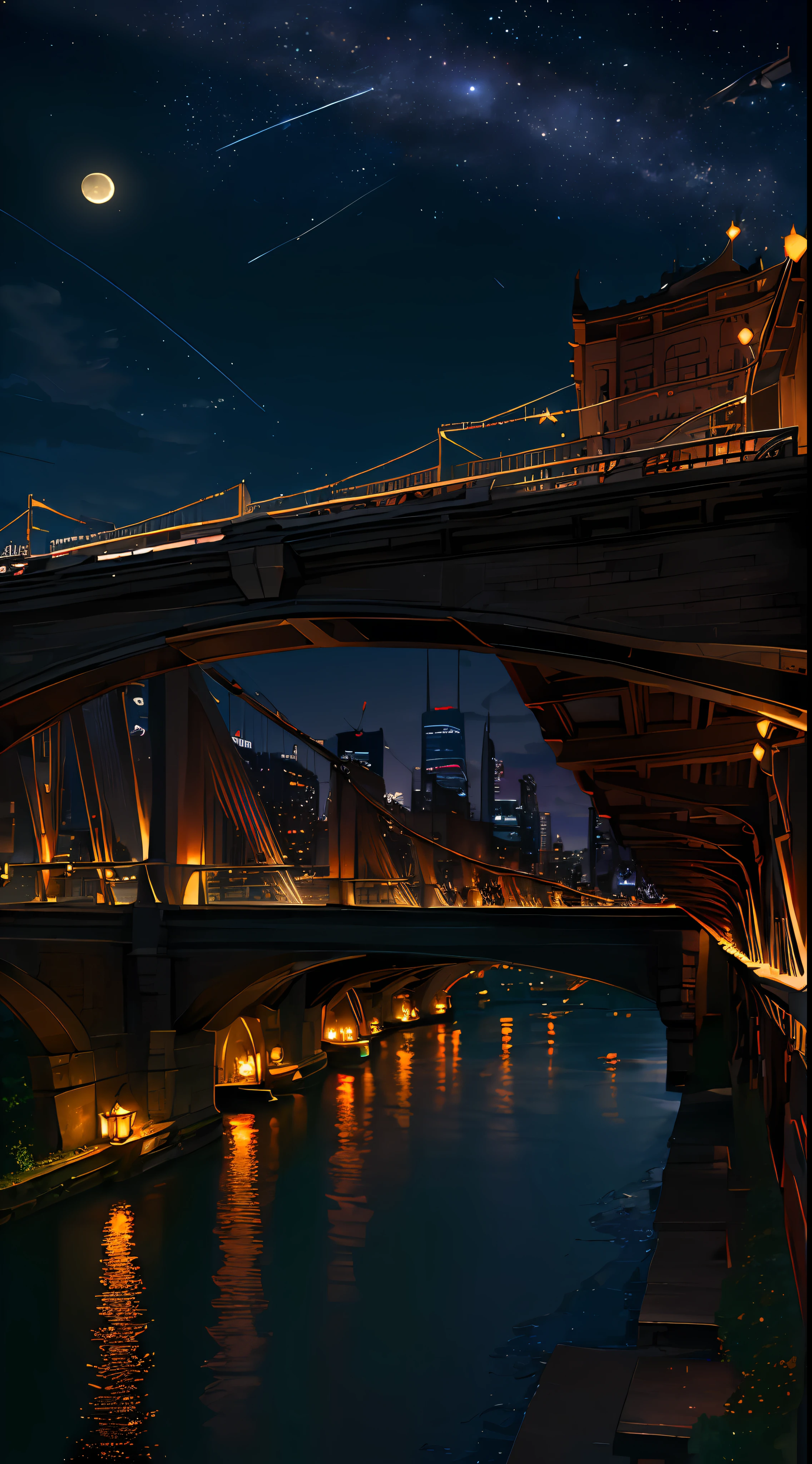 ((masterpiece, best quality, high resolution, super resolution, super detailed, ultra detailed, rich background)), (outdoor), beside river, bridge and river behind, city scenery behind, scenery, nighttime, dark, lowlight, moon, moonlight, dynamic light, shooting star