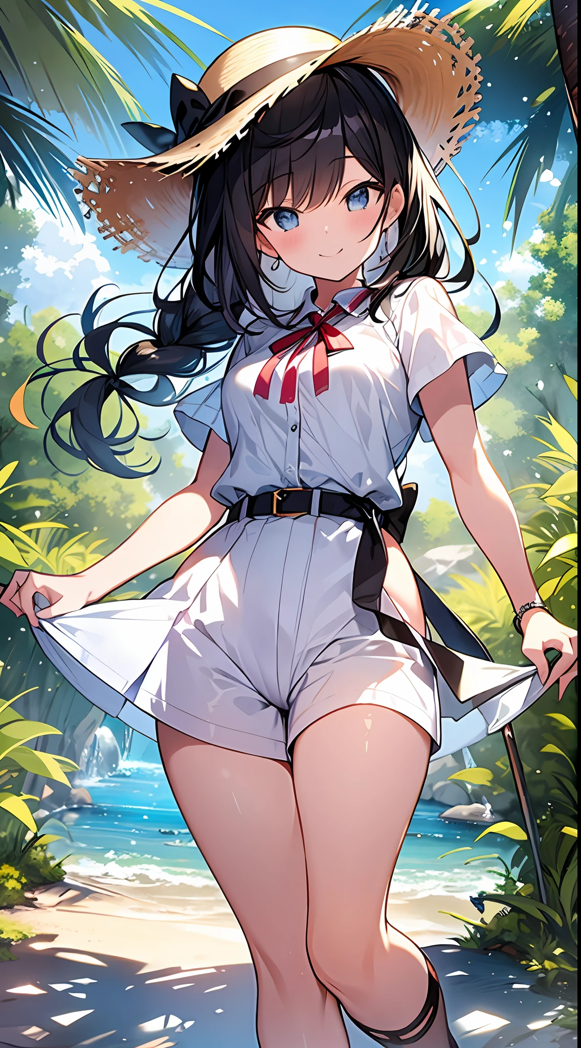 Top Quality, Masterpiece, High Resolution, 8k, Pastel Color, Girl in Anime Style with Light Shirt and Hot Pants, One Girl, Pretty, Detailed Line Art, Bright White and Bright Amber Style, Frolic, Digital Enhancement, Close Up, Anime Core, Flowing Fabric, Hair length and short braids to the shoulders, Beautiful black hair, big smile, Full body angle reflected, Straw hat