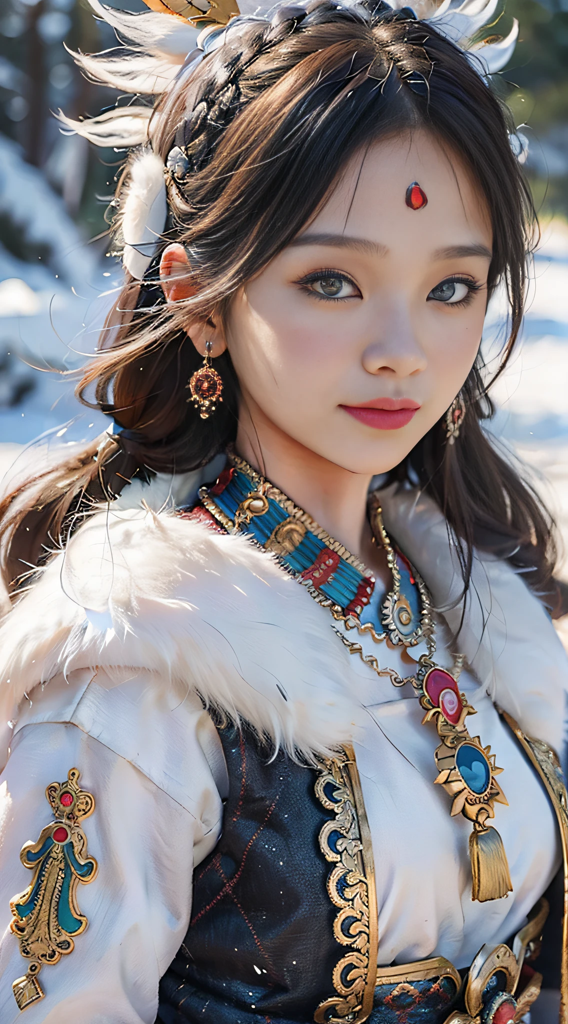 A girl, long braids, Tibetan girl, close-up, slightly raised head, smile, bust photo, upper body, Tibetan clothing, clothes with fluff, white flut, high-end Tibetan clothing, cumbersome Tibetan clothing design, cold clothing, winter clothing, appearance Yang transcendence, round face shape, gorgeous Tibetan clothing, cumbersome Tibetan necklace, cumbersome Tibetan headdress, live-action CG, sweet style, film style, HD 4K, photography effects, studio effects, white halo, mythological wind, snowfield background, character core, Picture ratio 16:9,