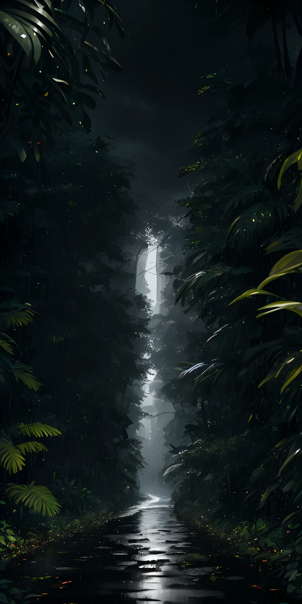 [A jungle, with intense rainfall, monochromatic, vines all around, giant and wet trees:3],city skyline, masterpiece, best quality, high quality, extremely detailed CG unity 8k wallpaper, oil paiting, award winning photography, Bokeh, Depth of Field, HDR, bloom, Chromatic Aberration ,Photorealistic,extremely detailed, trending on artstation, trending on CGsociety, Intricate, High Detail, dramatic, art by midjourney, volumetric lighting