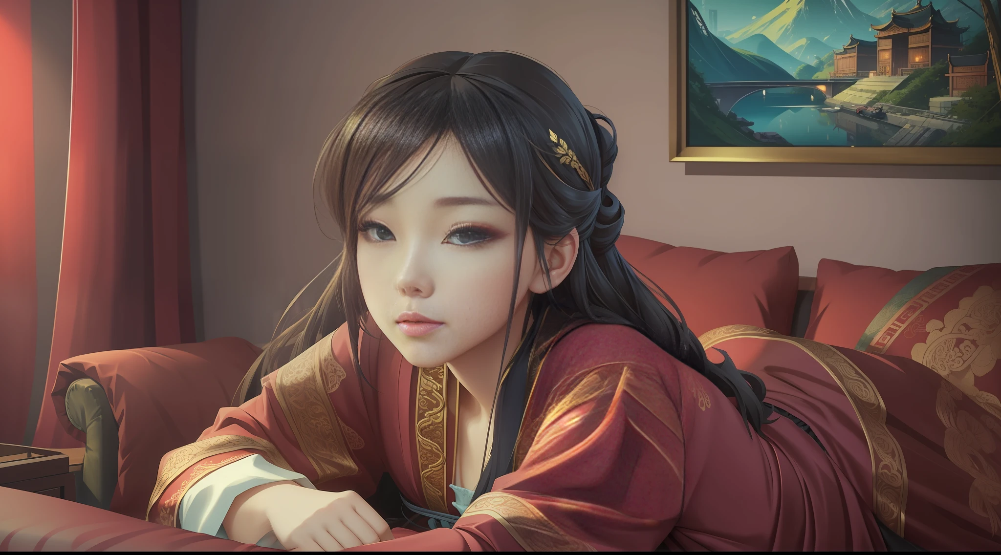 A girl, lying on the sofa, looks very enjoyable, Chinese animation style, looks depressing, high quality, ultra-detailed, crazy details, 4K