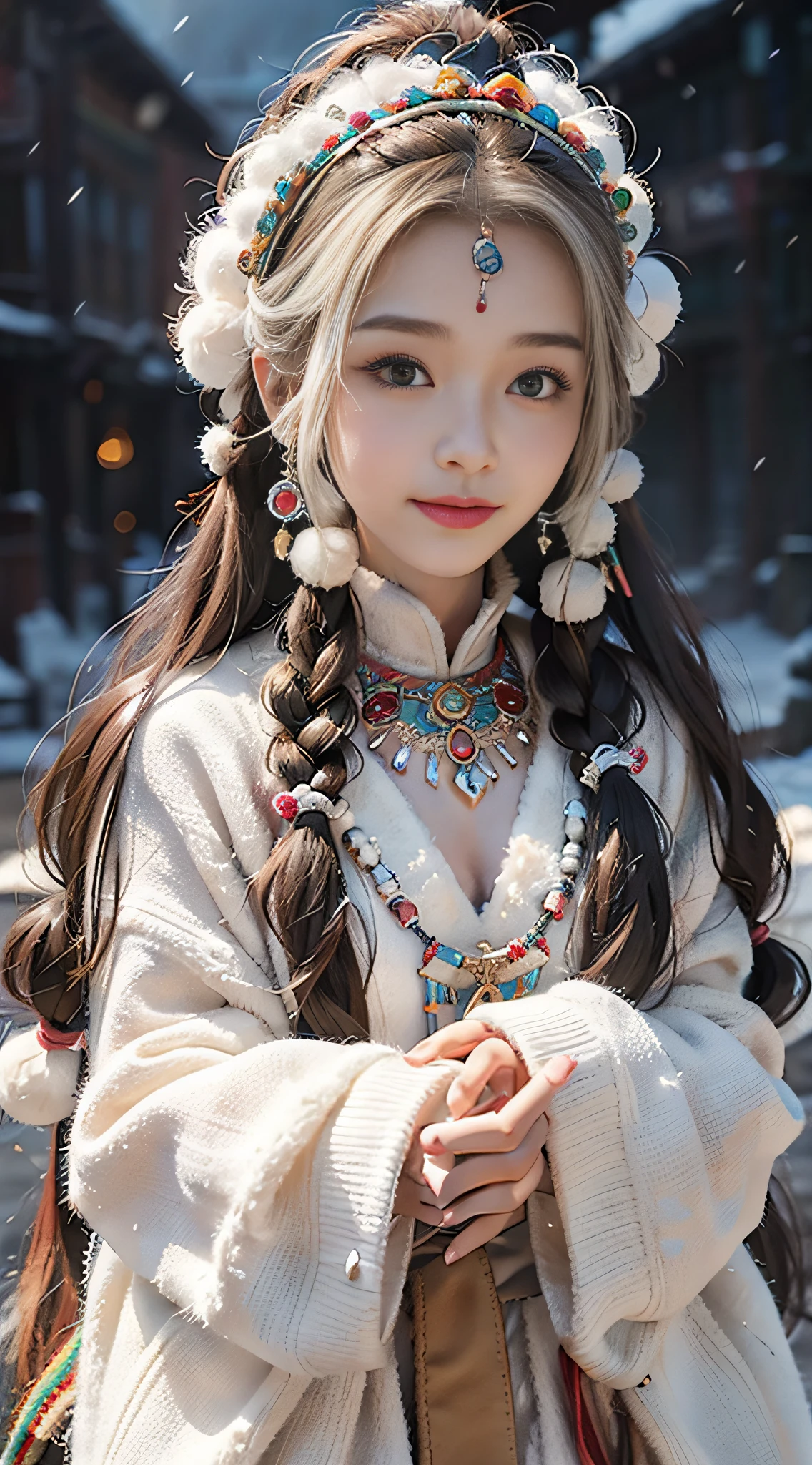 A girl, long braids, Tibetan girl, close-up, slightly raised, smile, left and right body photos, upper body, front photo, Tibetan clothing, colorful clothing, clothes with fluff, white fluff, high-end Tibetan clothing, cumbersome Tibetan clothing design, cold clothing, winter clothing, appearance Yang transcendence, round face shape, gorgeous Tibetan clothing, cumbersome Tibetan necklace, cumbersome Tibetan headdress, colorful headband, real person CG, sweet style, film style, HD 4K, photography effect, studio effect, white halo, Mythical wind, snowfield background, character core, picture ratio 16:9, mask fresh.