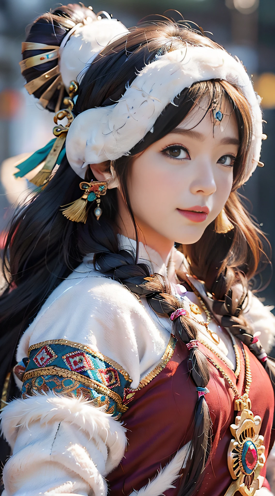 A girl, long braids, Tibetan girl, close-up, slightly raised, smile, left and right body photos, upper body, front photo, Tibetan clothing, colorful clothing, clothes with fluff, white fluff, high-end Tibetan clothing, cumbersome Tibetan clothing design, cold clothing, winter clothing, appearance Yang transcendence, round face shape, gorgeous Tibetan clothing, cumbersome Tibetan necklace, cumbersome Tibetan headdress, colorful headband, real person CG, sweet style, film style, HD 4K, photography effect, studio effect, white halo, Mythical wind, snowfield background, character core, picture ratio 16:9, mask fresh.