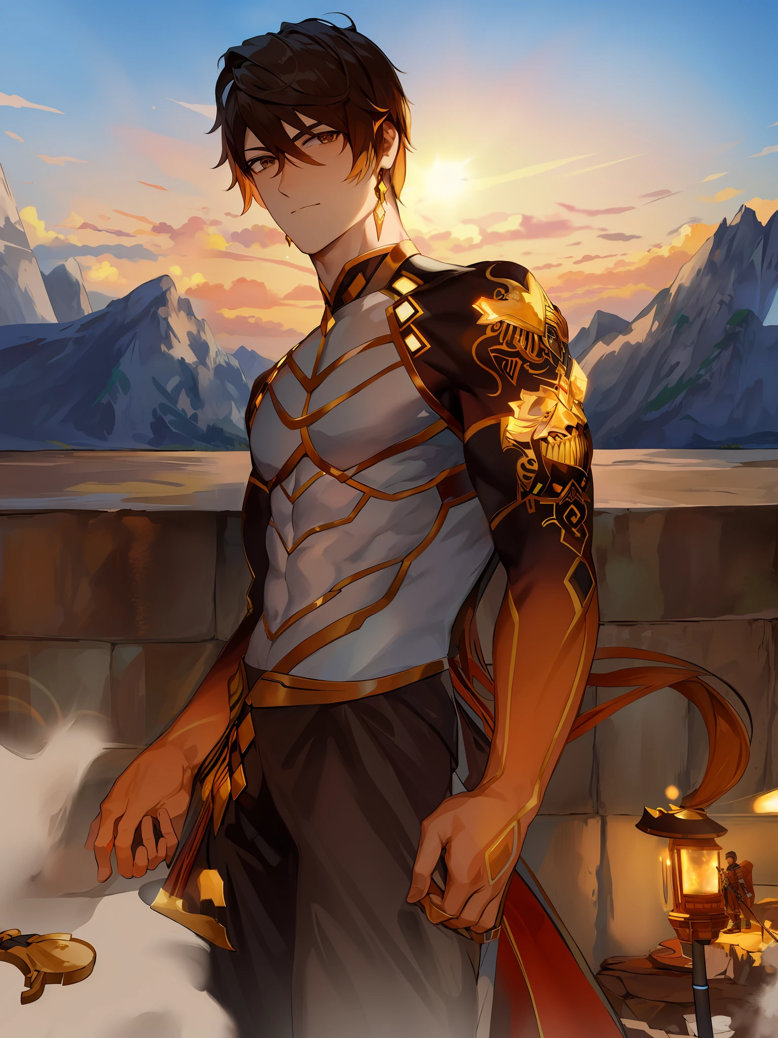 masterpiece, best quality, morax, 1boy, male focus, hood, muscles, rock, mountain background