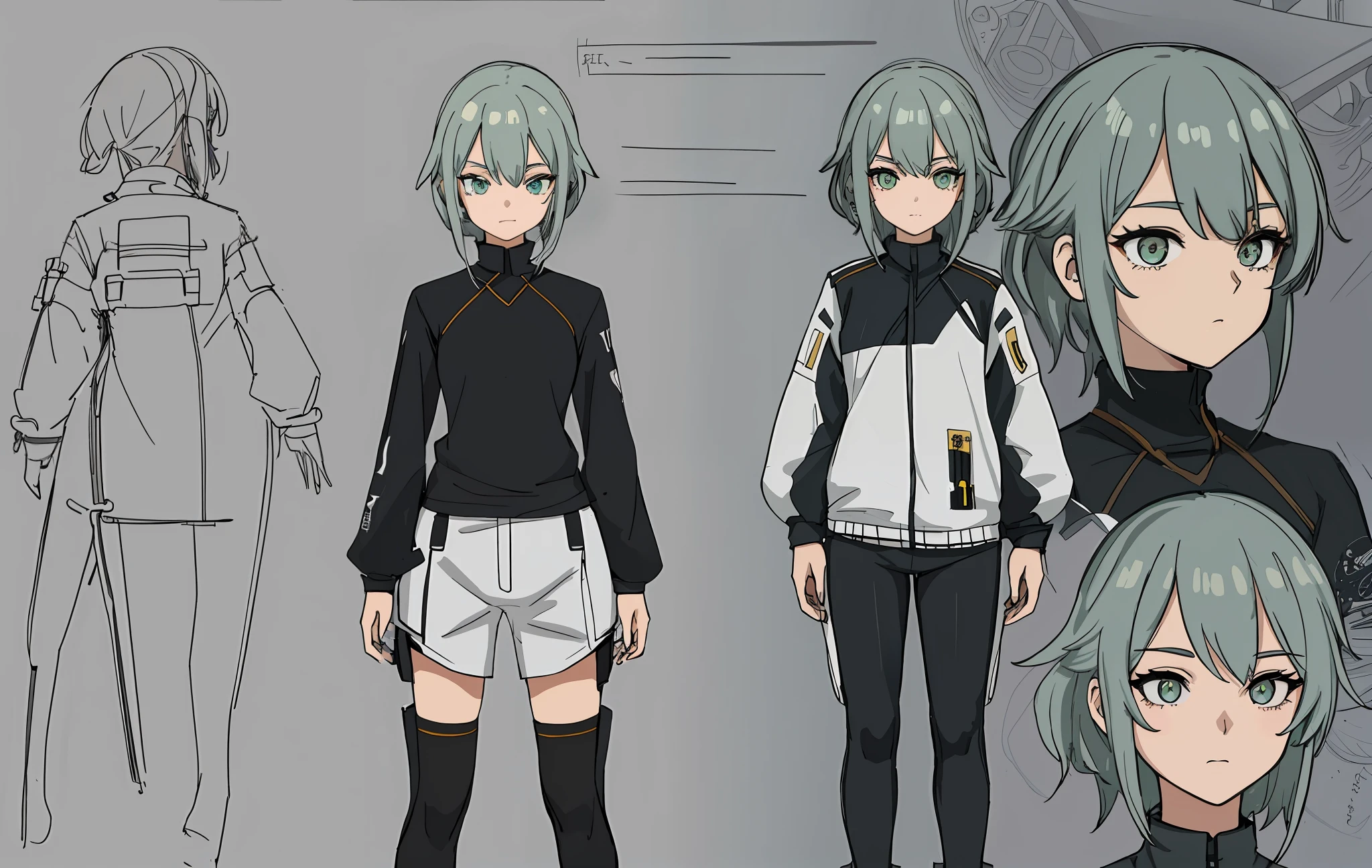 charturnerv2, 1boy, full body, same costume, concept art, full body, detail_face, line_sketch, PlanIt, official art, official alternative clothing, design style, multi-style, detail character, 4_side, original, 8K GC, lots of detail, multiple views of the same character, no background, only detail character, technical illustration, multi-view, masterpiece, best quality, black tight top, leggings long eyelashes, Gray-green hair, crossed bangs, amber eyes, horizontal pupils, tachi-e