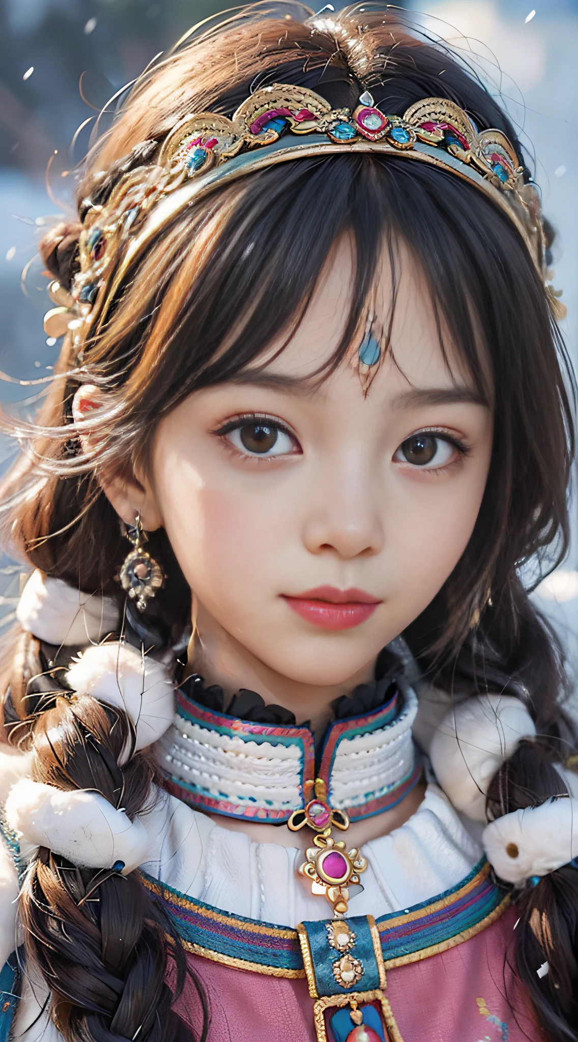 A girl, long braids, Tibetan girl, close-up, slightly raised head, smile, bust photo, upper body, front photo, Tibetan costume, colorful costume, collar with fluff, fluff collar, high-end Tibetan clothing, cumbersome Tibetan clothing design, cold clothing, winter clothing, appearance Yang transcendence, round face shape, gorgeous Tibetan clothing, cumbersome Tibetan necklace, cumbersome Tibetan headdress, colorful headband, live-action CG, sweet style, film style, HD 4K, photography effect, studio effect, white halo, mythological wind, Snowfield background, character core, picture ratio 16:9, fresh mask.