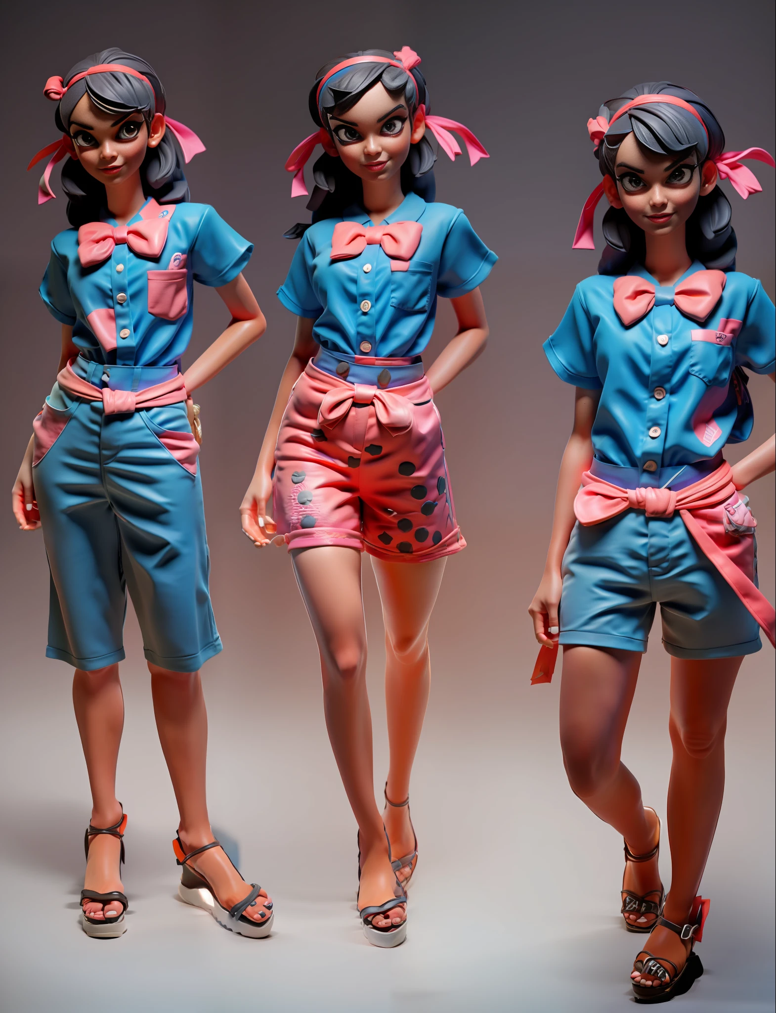 New or college girl in a shirt, slightly more mature, Dopamine dressing is a fashion concept that refers to a style of dressing that enhances one's mood and well-being by wearing bright, colorful and vibrant clothes, this concept is derived from the name dopamine, a neurotransmitter associated with happiness and reward, 3DMM style, (masterpiece, best quality), intricate details, 1 girl, solo, bea \ (Pokemon \), bow headband, printed shirt, tie shirt, Printed shorts, knee pads, sandals, looking at the audience, full body picture, full body image, full body