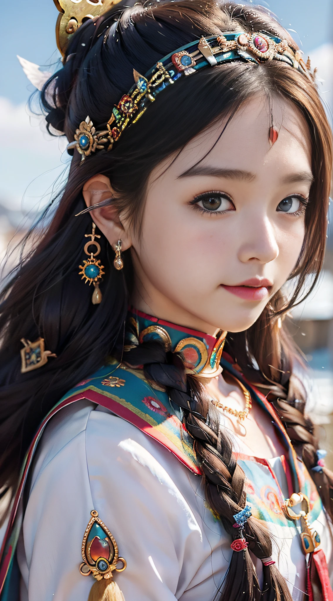 A girl, long braids, Tibetan girl, close-up, slightly raised head, smile, bust photo, upper body, front photo, Tibetan costume, colorful costume, collar with fluff, fluff collar, high-end Tibetan clothing, cumbersome Tibetan clothing design, cold clothing, winter clothing, appearance Yang transcendence, round face shape, gorgeous Tibetan clothing, cumbersome Tibetan necklace, cumbersome Tibetan headdress, colorful headband, live-action CG, sweet style, film style, HD 4K, photography effect, studio effect, white halo, mythological wind, Snowfield background, character core, picture ratio 16:9, fresh mask.