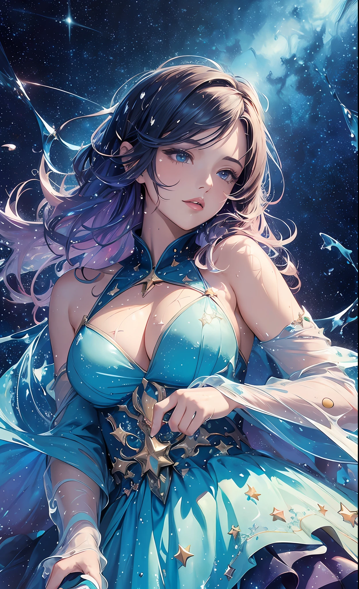 (masterpiece, top quality, best quality, official art, beautiful and aesthetic:1.2), (1 woman:1.3), ((upper body)),extremely detailed,(water splash and starry sky art:1.4),(colorful:1.1),highest detailed, (seductive pose), (abstract background:1.5), (seductive dress:1.4),((cleavage)), (shiny skin), (many colors:1.3),