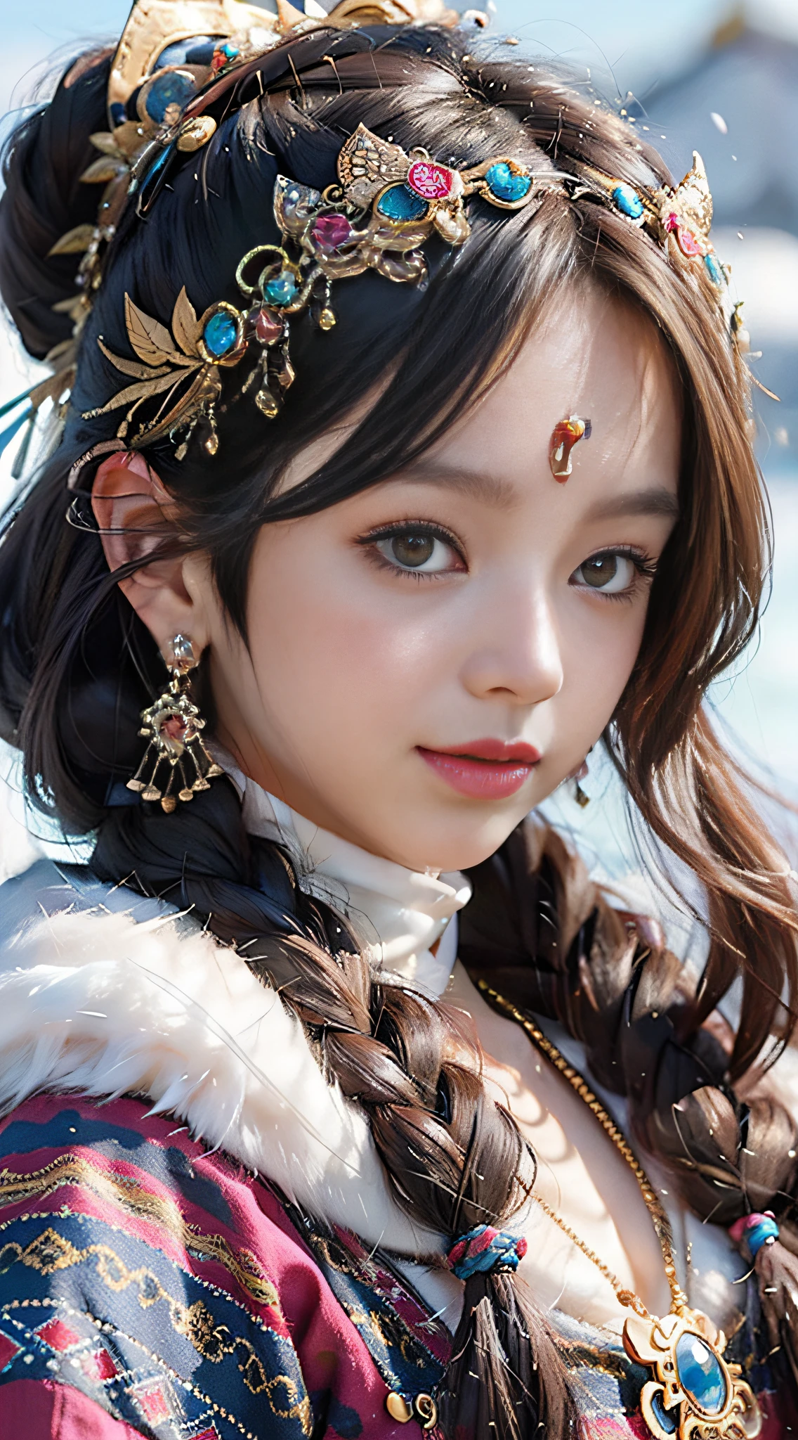 A girl, long braids, Tibetan girl, close-up, slightly raised head, smile, bust photo, upper body, front photo, Tibetan costume, colorful costume, collar with fluff, fluff collar, high-end Tibetan clothing, cumbersome Tibetan clothing design, cold clothing, winter clothing, appearance Yang transcendence, round face shape, gorgeous Tibetan clothing, cumbersome Tibetan necklace, cumbersome Tibetan headdress, colorful headband, live-action CG, sweet style, film style, HD 4K, photography effect, studio effect, white halo, mythological wind, Snowfield background, character core, picture ratio 16:9, fresh mask.