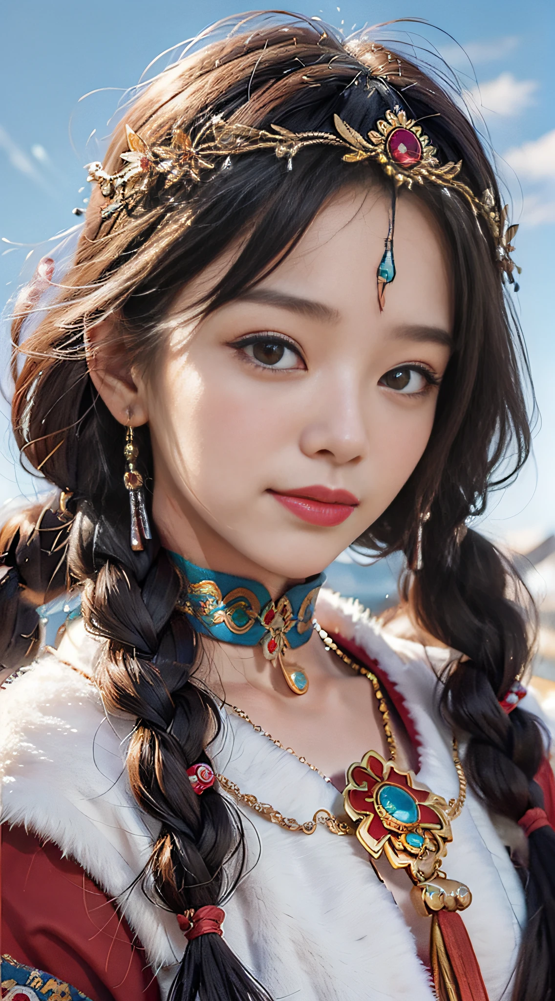 A girl, long braids, Tibetan girl, close-up, slightly raised head, smile, bust photo, upper body, front photo, Tibetan costume, colorful costume, collar with fluff, fluff collar, high-end Tibetan clothing, cumbersome Tibetan clothing design, cold clothing, winter clothing, appearance Yang transcendence, round face shape, gorgeous Tibetan clothing, cumbersome Tibetan necklace, cumbersome Tibetan headdress, colorful headband, live-action CG, sweet style, film style, HD 4K, photography effect, studio effect, white halo, mythological wind, Snowfield background, character core, picture ratio 16:9, fresh mask.
