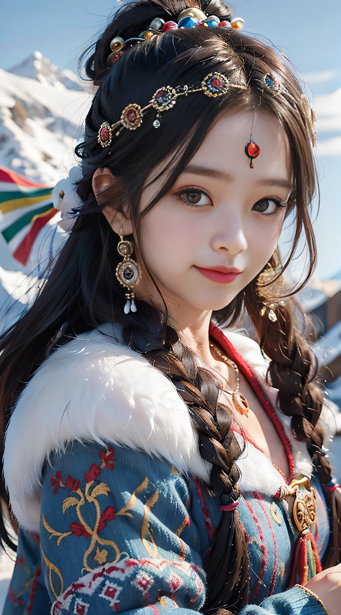 A girl, long braids, Tibetan girl, close-up, slightly raised head, smile, upper body, front photo, bust photo, Tibetan costume, colorful clothing, collar with fluff, fluff collar, high-end Tibetan clothing, cumbersome Tibetan clothing design, cold clothing, winter clothing, appearance Yang transcendence, round face shape, gorgeous Tibetan clothing, cumbersome Tibetan necklace, cumbersome Tibetan headdress, colorful headband, real person CG, sweet style, film style, HD 4K, photography effect, studio effect, white halo, mythological style, Snowfield background, character core, picture ratio 16:9, fresh mask.