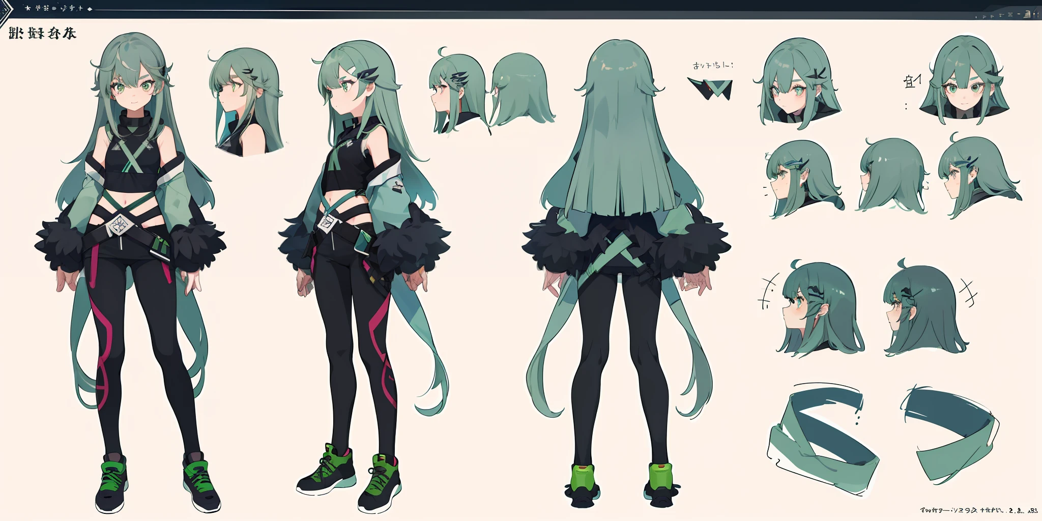 ((8k, best quality))) young girl, character sheet, concept art, full body, (best picture: 1.2), (best quality: 1.3) Long hair, triangle hair clips, black tight top, leggings, long eyelashes, gray-green hair, crossed bangs, amber eyes, horizontal pupils