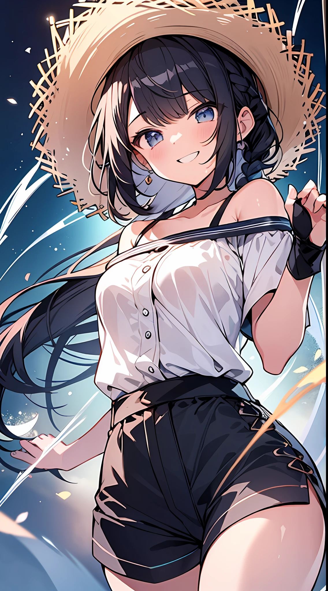 Top Quality, Masterpiece, High Resolution, 8k, Pastel Color, Light Shirt and Hot Pants and Anime Style Loli, One Girl, Pretty, Detailed Line Art, Bright White and Bright Amber Style, Frolic, Digital Enhancement, Close Up, Anime Core, Flowing Fabric, Shoulder Length and Short Braid, Beautiful Black Hair, Big Smile, Full Body Angle, Straw Hat