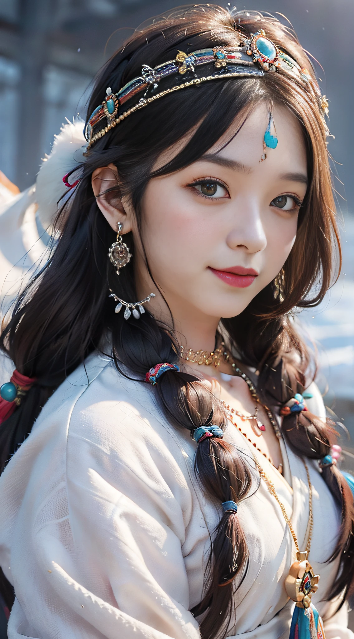 A girl, long braids, Tibetan girl, close-up, slightly raised head, smile, front photo, upper body, bust photo, Tibetan costume, colorful costume, collar with fluff, fluff collar, high-end Tibetan clothing, cumbersome Tibetan clothing design, cold clothing, winter clothing, appearance Yang transcendence, round face shape, gorgeous Tibetan clothing, cumbersome Tibetan necklace, cumbersome Tibetan headdress, colorful headband, live CG, sweet style, film style, HD 4K, photography effect, studio effect, white halo, mythological style, Snowfield background, character core, picture ratio 16:9, fresh mask.