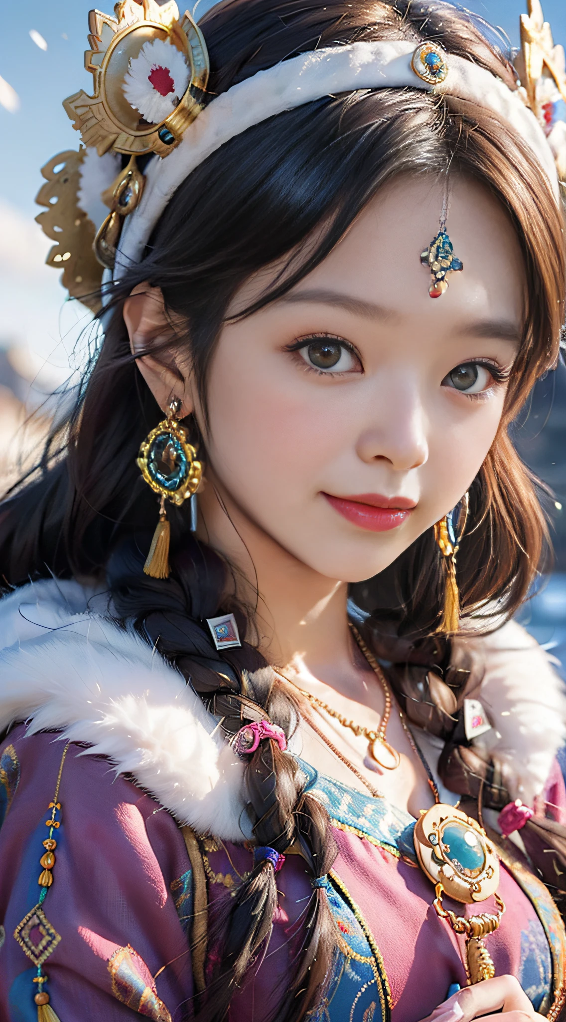 A girl, long braids, Tibetan girl, close-up, slightly raised head, smile, front photo, upper body, bust photo, Tibetan costume, colorful costume, collar with fluff, fluff collar, high-end Tibetan clothing, cumbersome Tibetan clothing design, cold clothing, winter clothing, appearance Yang transcendence, round face shape, gorgeous Tibetan clothing, cumbersome Tibetan necklace, cumbersome Tibetan headdress, colorful headband, live CG, sweet style, film style, HD 4K, photography effect, studio effect, white halo, mythological style, Snowfield background, character core, picture ratio 16:9, fresh mask.