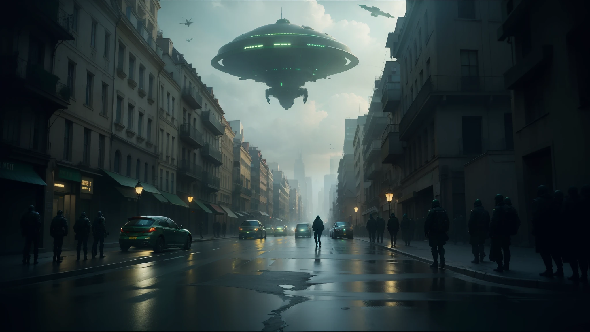 there is a large green object flying over a city street, by Antoni Pitxot, still frame from prometheus, fantasy surrealism, inspired by Jules Chéret, unsaturated and dark atmosphere, guardian project, urban patrol, superrealism --auto --s2