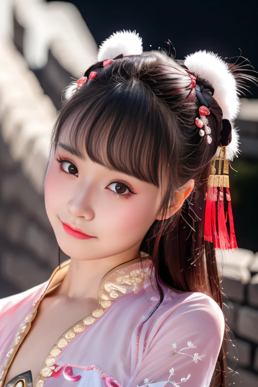 Chinese theme, raw color photo, medium shot, realistic, 1girl, a 21-years-old girl, on great wall, hanfu, best quality, detailed eyes, beautiful and symmetrical face, slim body, small breast,  innocent expression,  pureerosface_v1, photorealistic, lighting, nighttime, dynamic_color_range