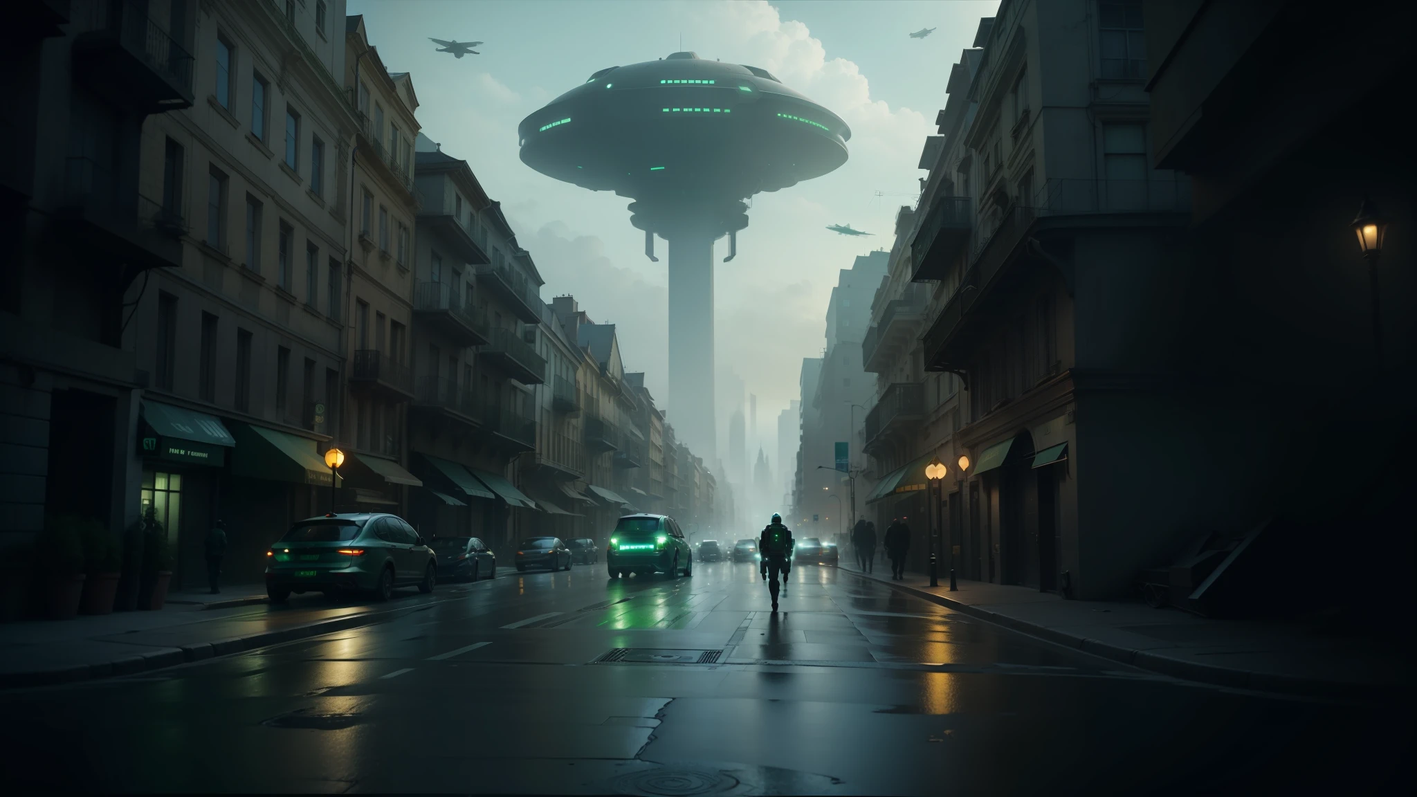 there is a large green object flying over a city street, by Antoni Pitxot, still frame from prometheus, fantasy surrealism, inspired by Jules Chéret, unsaturated and dark atmosphere, guardian project, urban patrol, superrealism --auto --s2